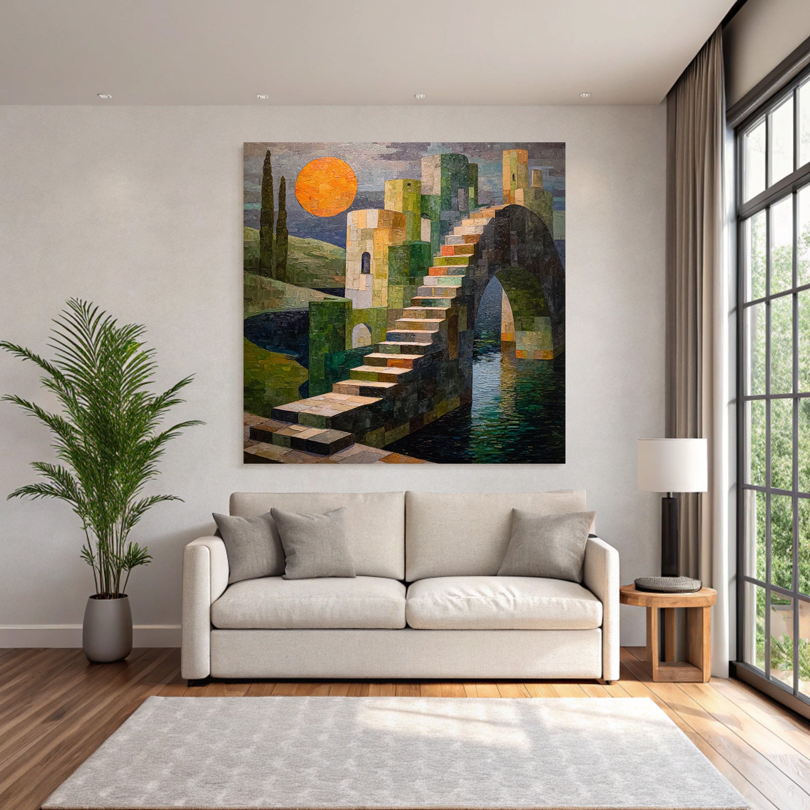 ArtDeco Bunte Abstrakte Treppe Zu Einer Burgstruktur Mit Sonne Und Wasser