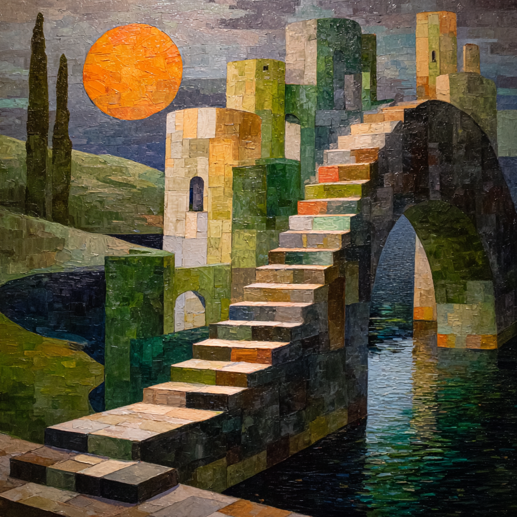 ArtDeco Bunte Abstrakte Treppe Zu Einer Burgstruktur Mit Sonne Und Wasser | Art Deco | Stilrichtungen
