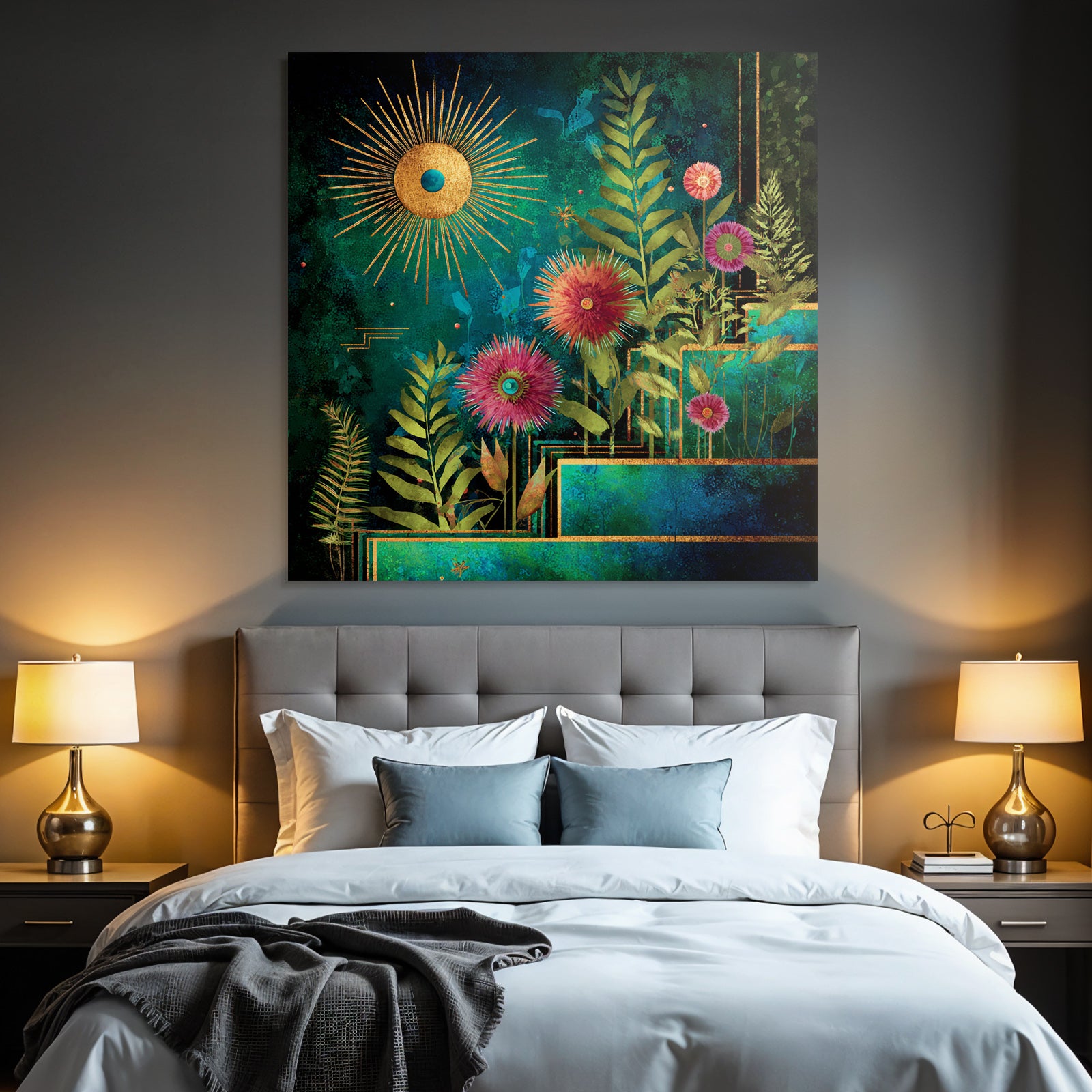 ArtDeco Bunte Blumen Und Laub Mit Sonne Vor Tiefblaüm Hintergrund