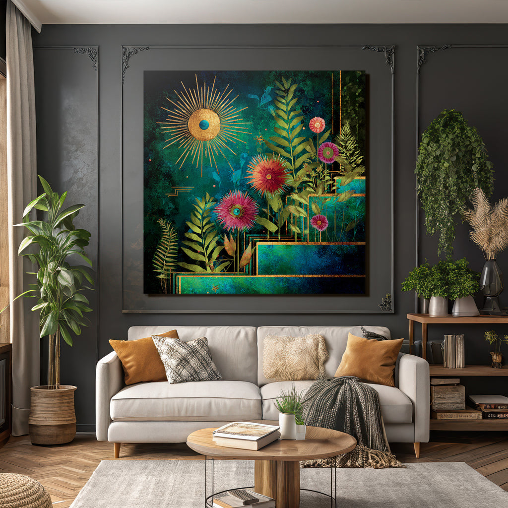 ArtDeco Bunte Blumen Und Laub Mit Sonne Vor Tiefblaüm Hintergrund