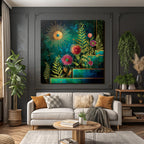 ArtDeco Bunte Blumen Und Laub Mit Sonne Vor Tiefblaüm Hintergrund