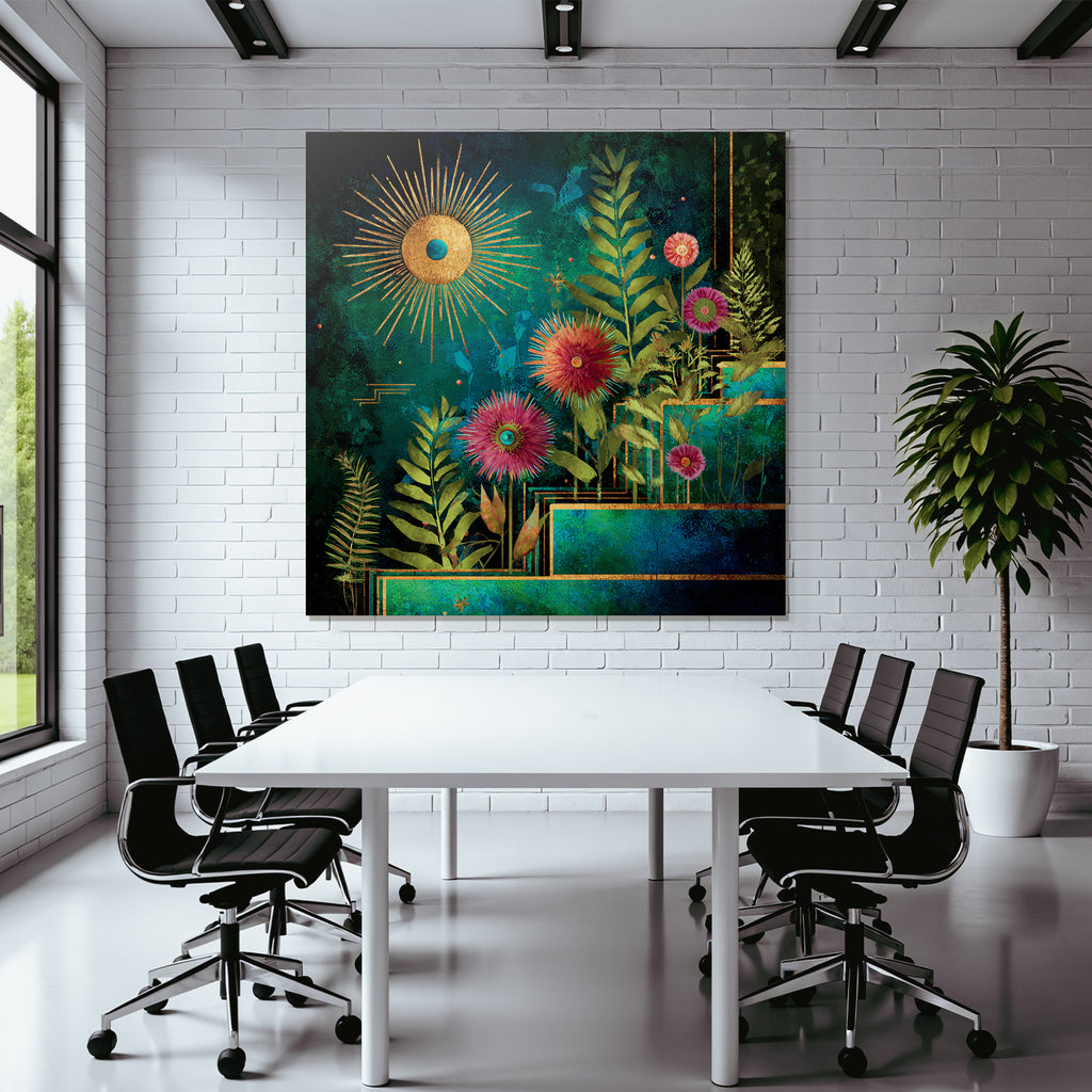 ArtDeco Bunte Blumen Und Laub Mit Sonne Vor Tiefblaüm Hintergrund