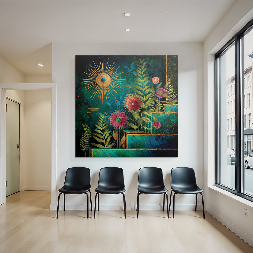 ArtDeco Bunte Blumen Und Laub Mit Sonne Vor Tiefblaüm Hintergrund
