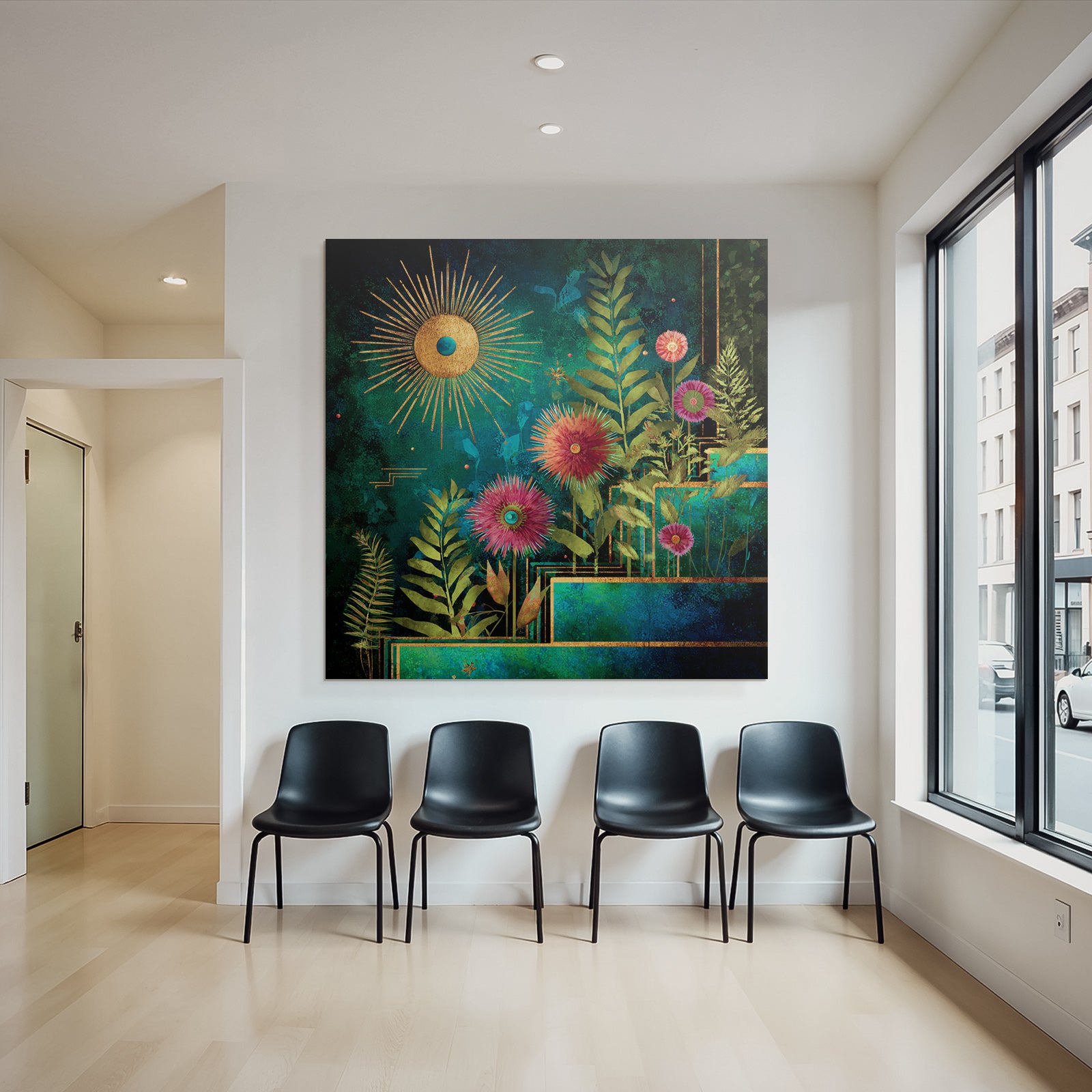 ArtDeco Bunte Blumen Und Laub Mit Sonne Vor Tiefblaüm Hintergrund