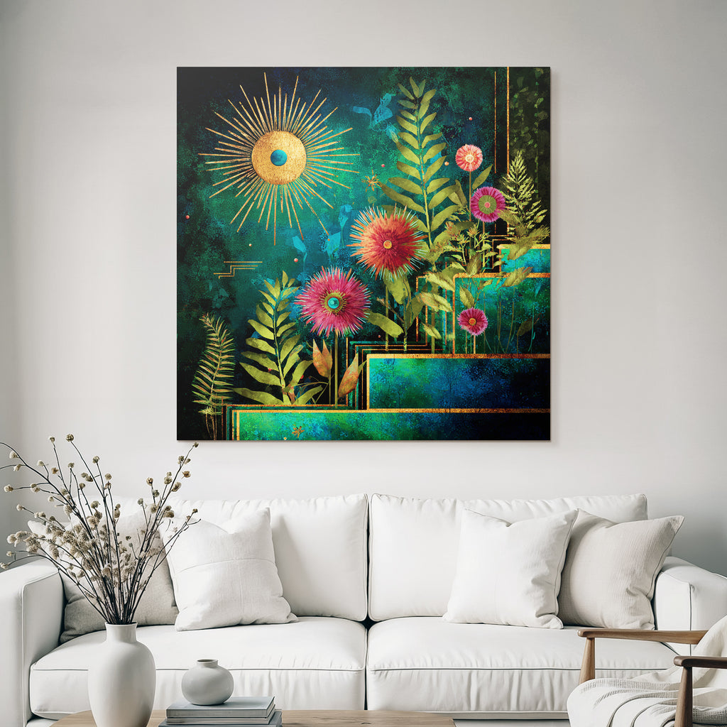 ArtDeco Bunte Blumen Und Laub Mit Sonne Vor Tiefblaüm Hintergrund