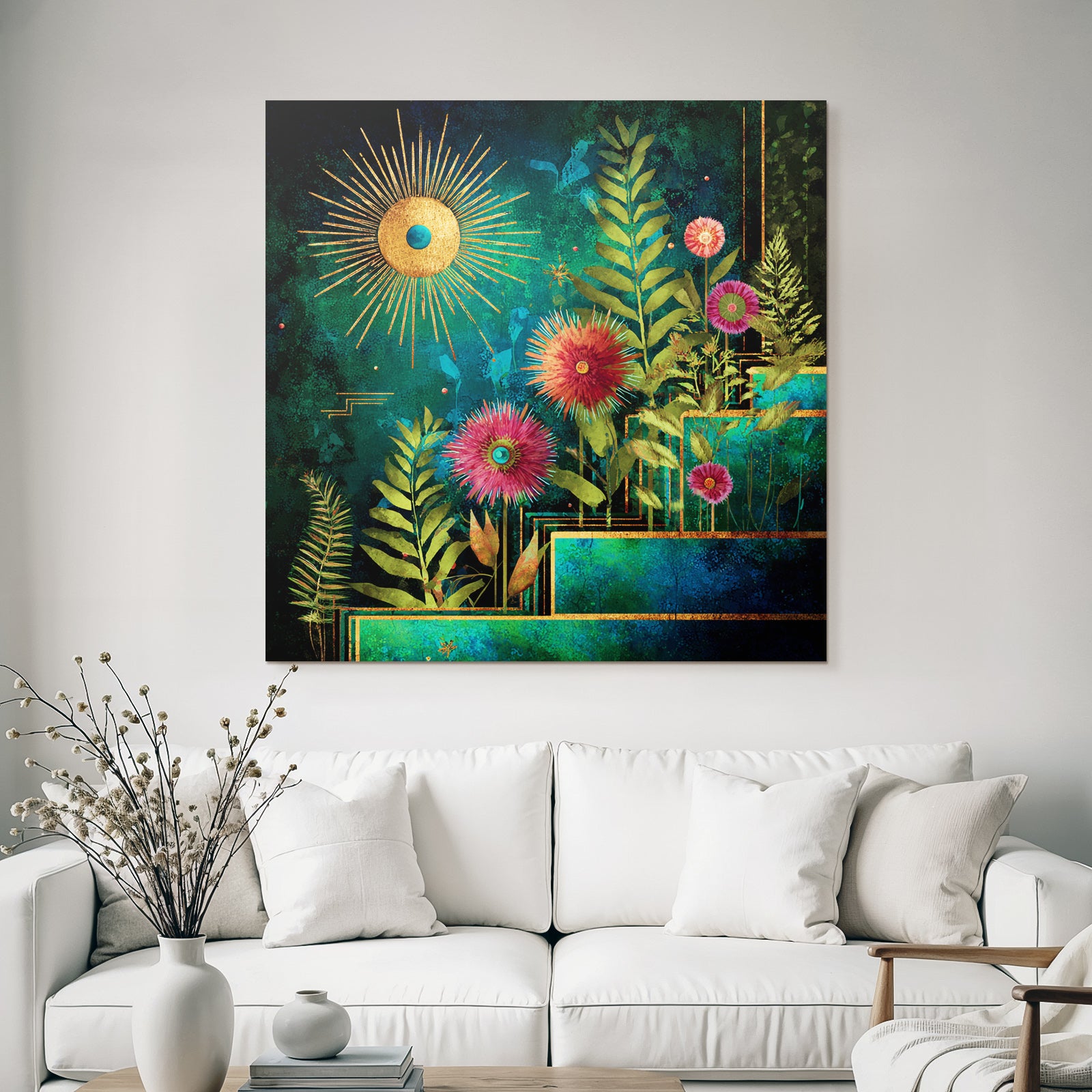 ArtDeco Bunte Blumen Und Laub Mit Sonne Vor Tiefblaüm Hintergrund