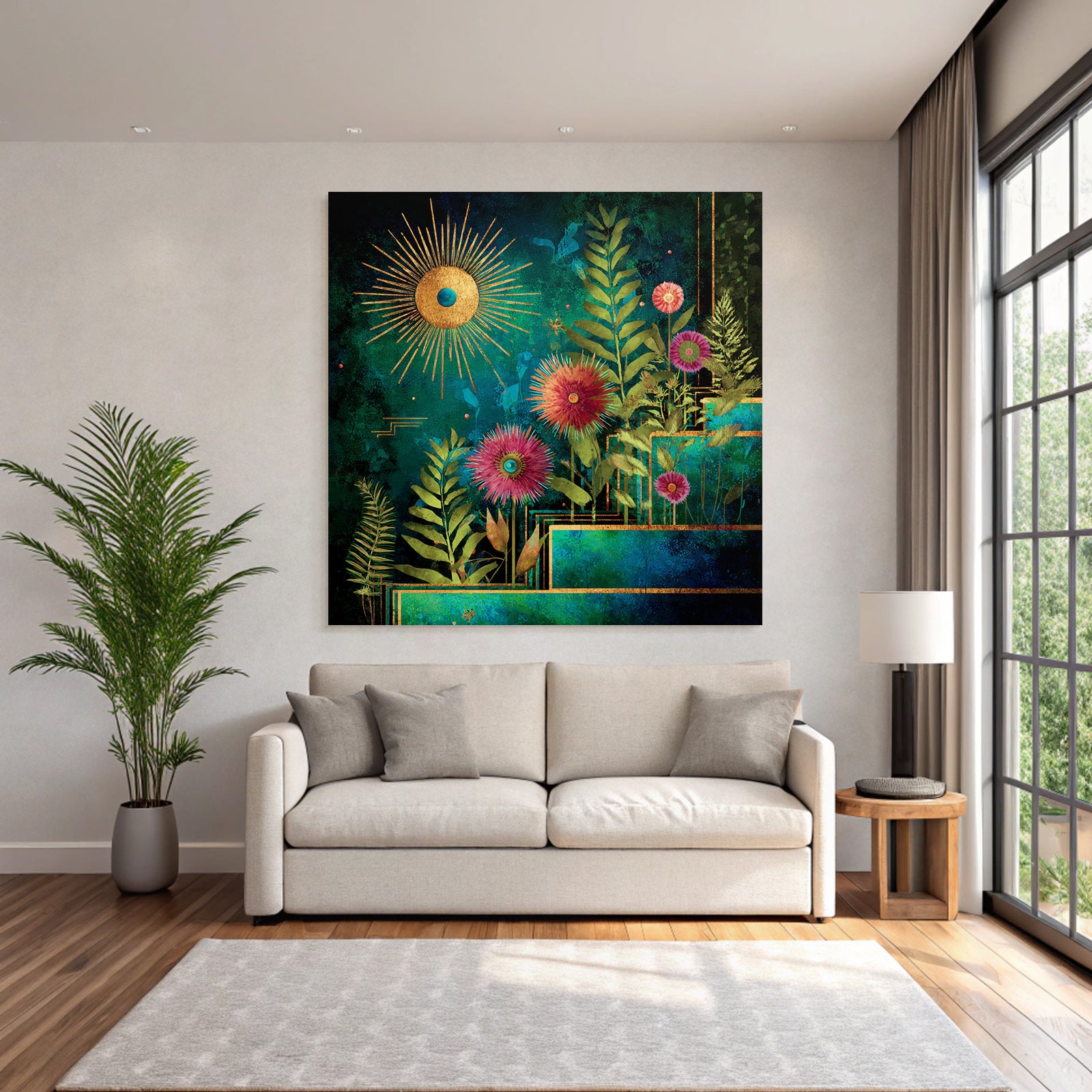 ArtDeco Bunte Blumen Und Laub Mit Sonne Vor Tiefblaüm Hintergrund