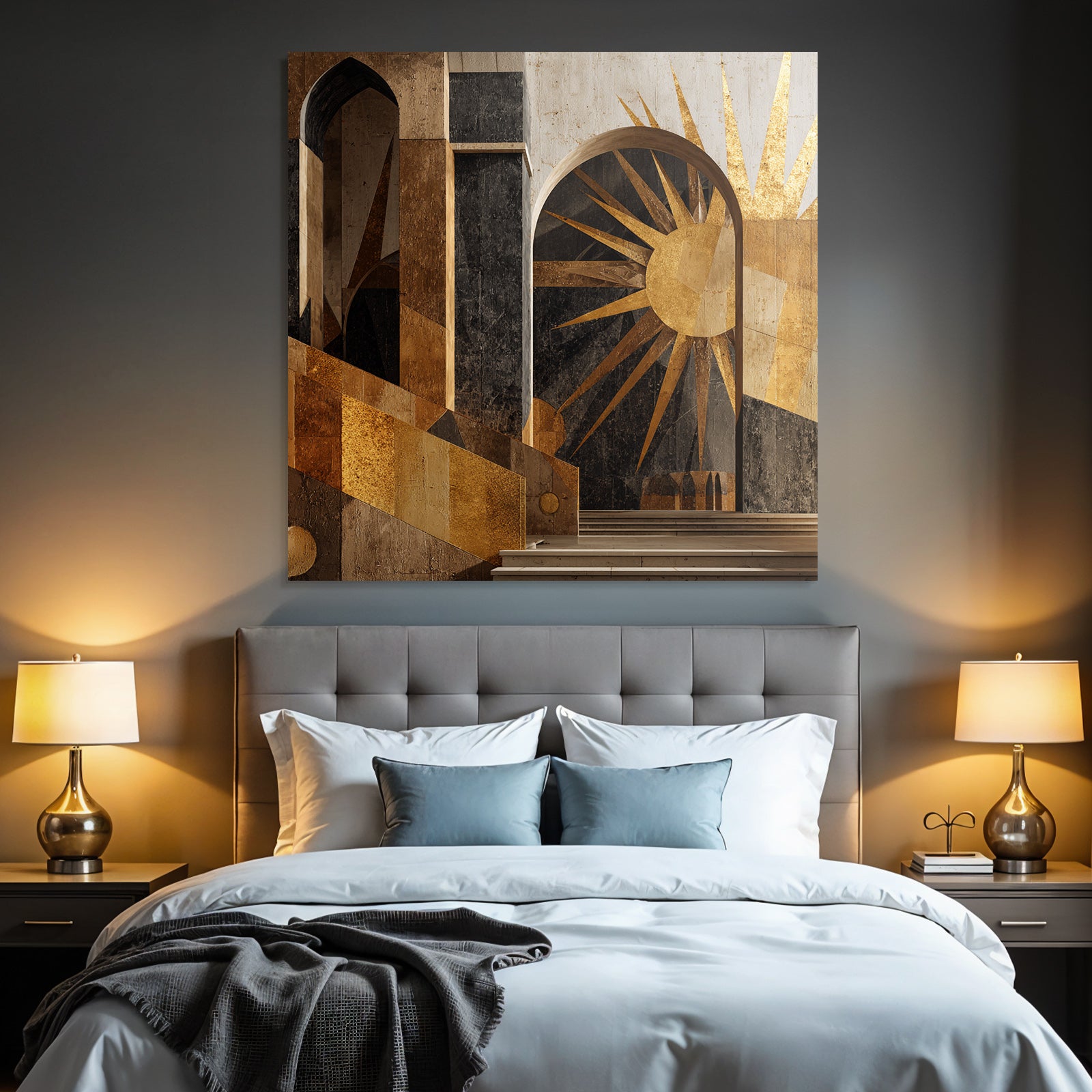 ArtDeco Dramatische Geometrische Architektur Mit Bogen Treppen Und Sonnenmotiv