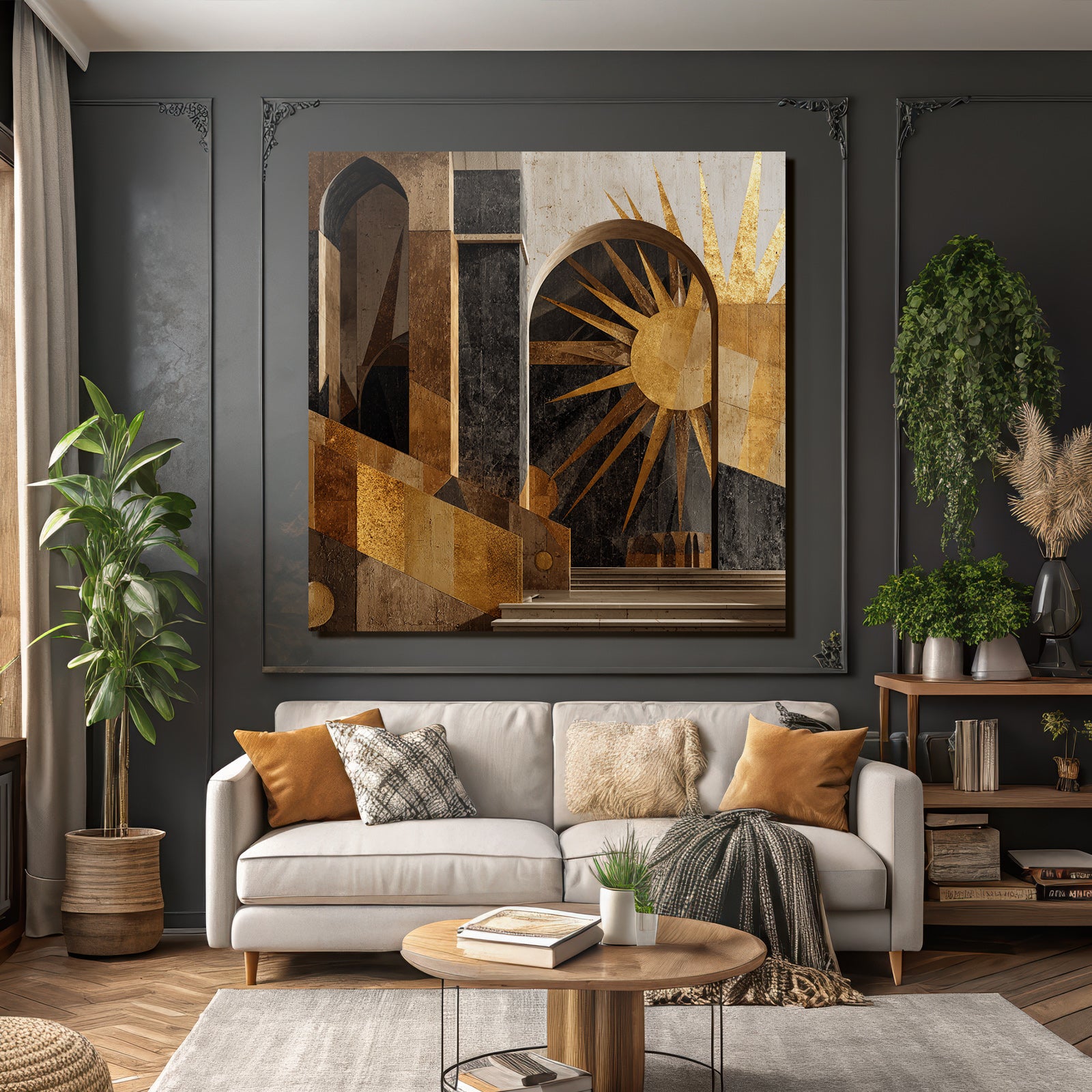 ArtDeco Dramatische Geometrische Architektur Mit Bogen Treppen Und Sonnenmotiv
