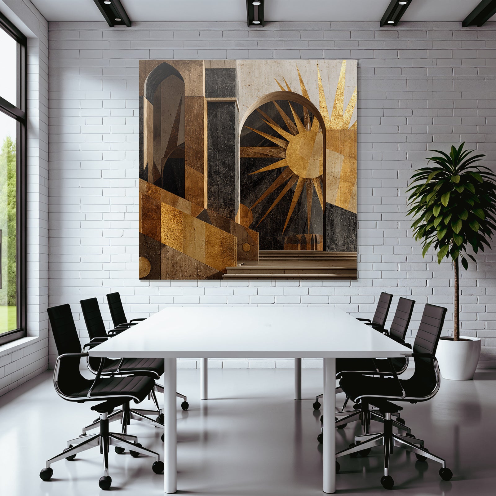 ArtDeco Dramatische Geometrische Architektur Mit Bogen Treppen Und Sonnenmotiv