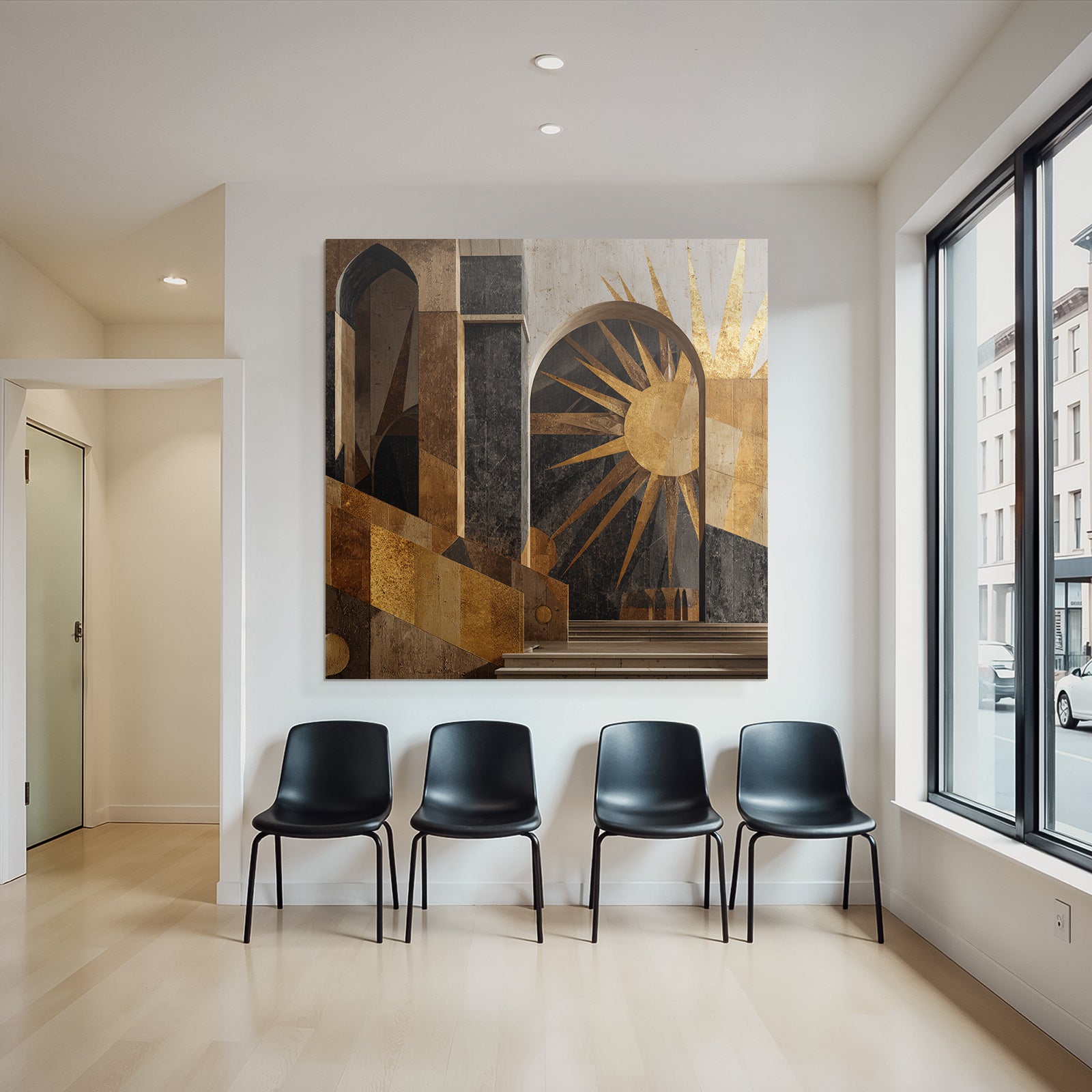 ArtDeco Dramatische Geometrische Architektur Mit Bogen Treppen Und Sonnenmotiv