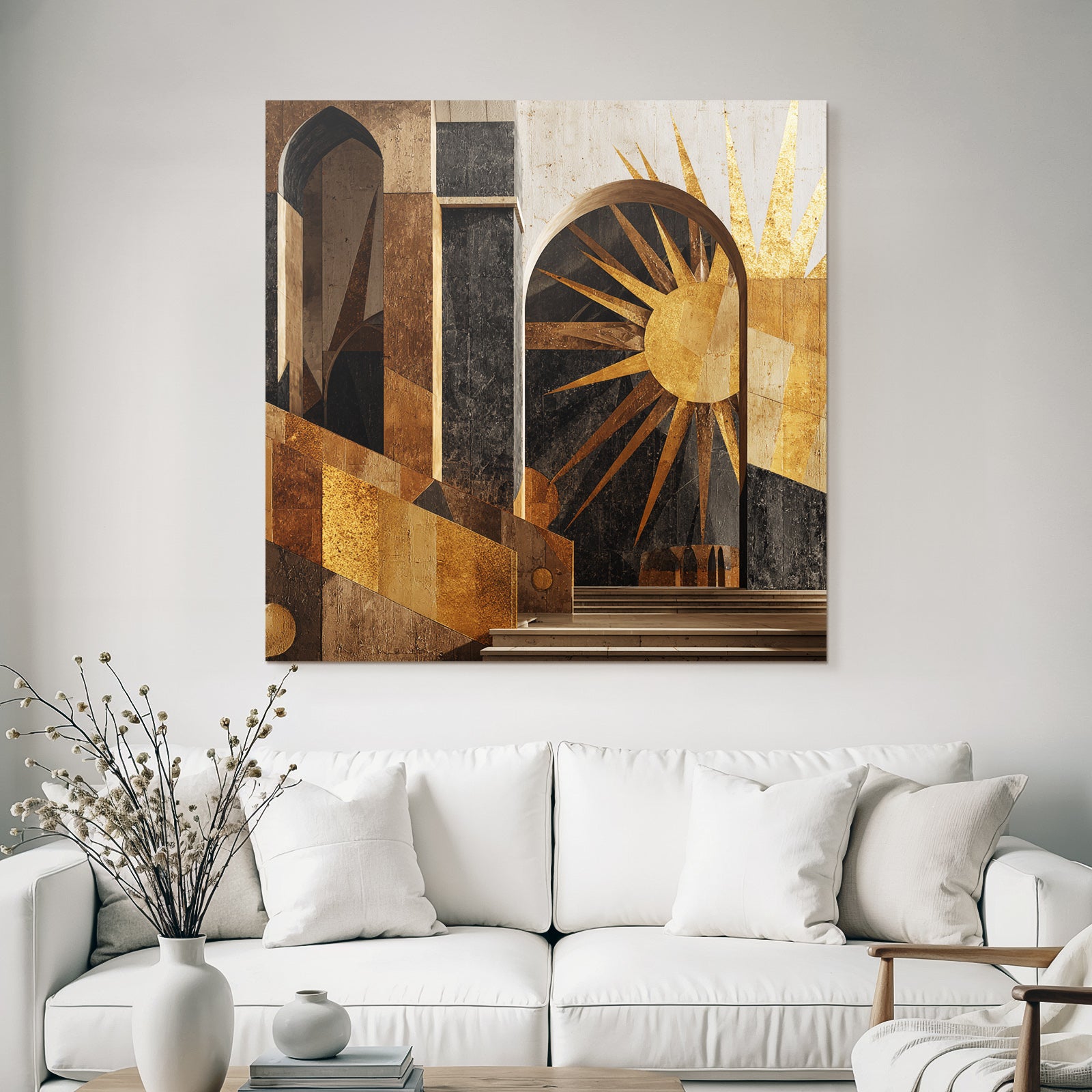 ArtDeco Dramatische Geometrische Architektur Mit Bogen Treppen Und Sonnenmotiv
