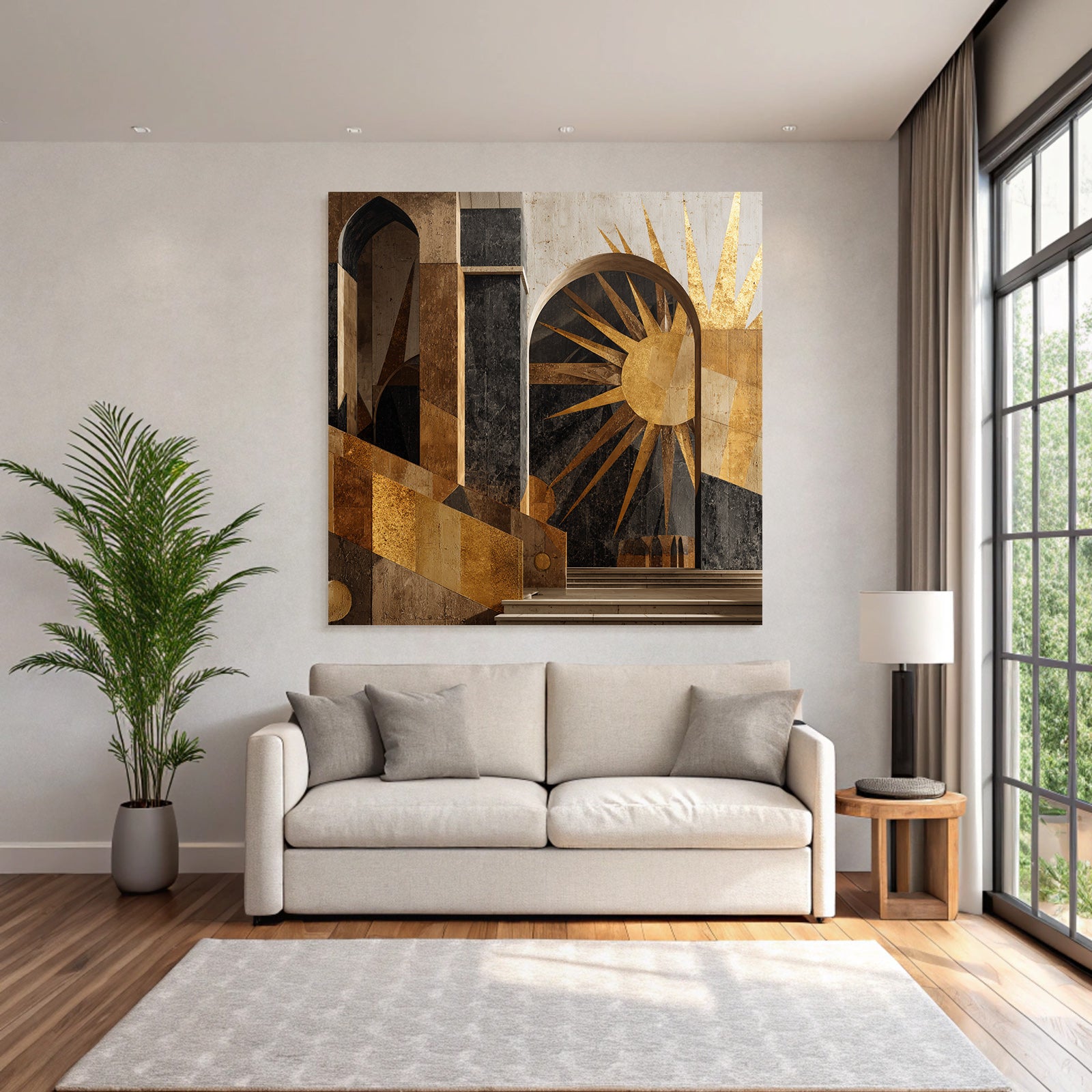 ArtDeco Dramatische Geometrische Architektur Mit Bogen Treppen Und Sonnenmotiv