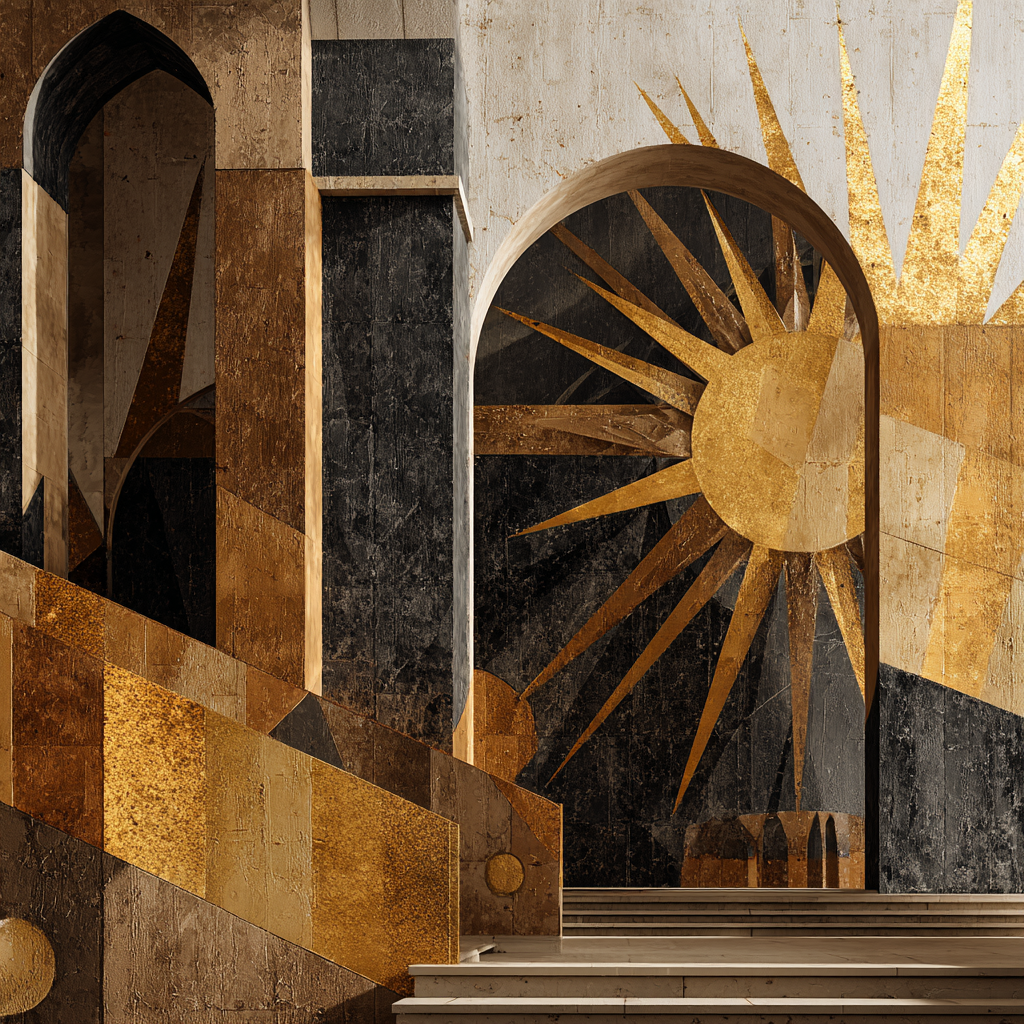 ArtDeco Dramatische Geometrische Architektur Mit Bogen Treppen Und Sonnenmotiv | Art Deco | Stilrichtungen