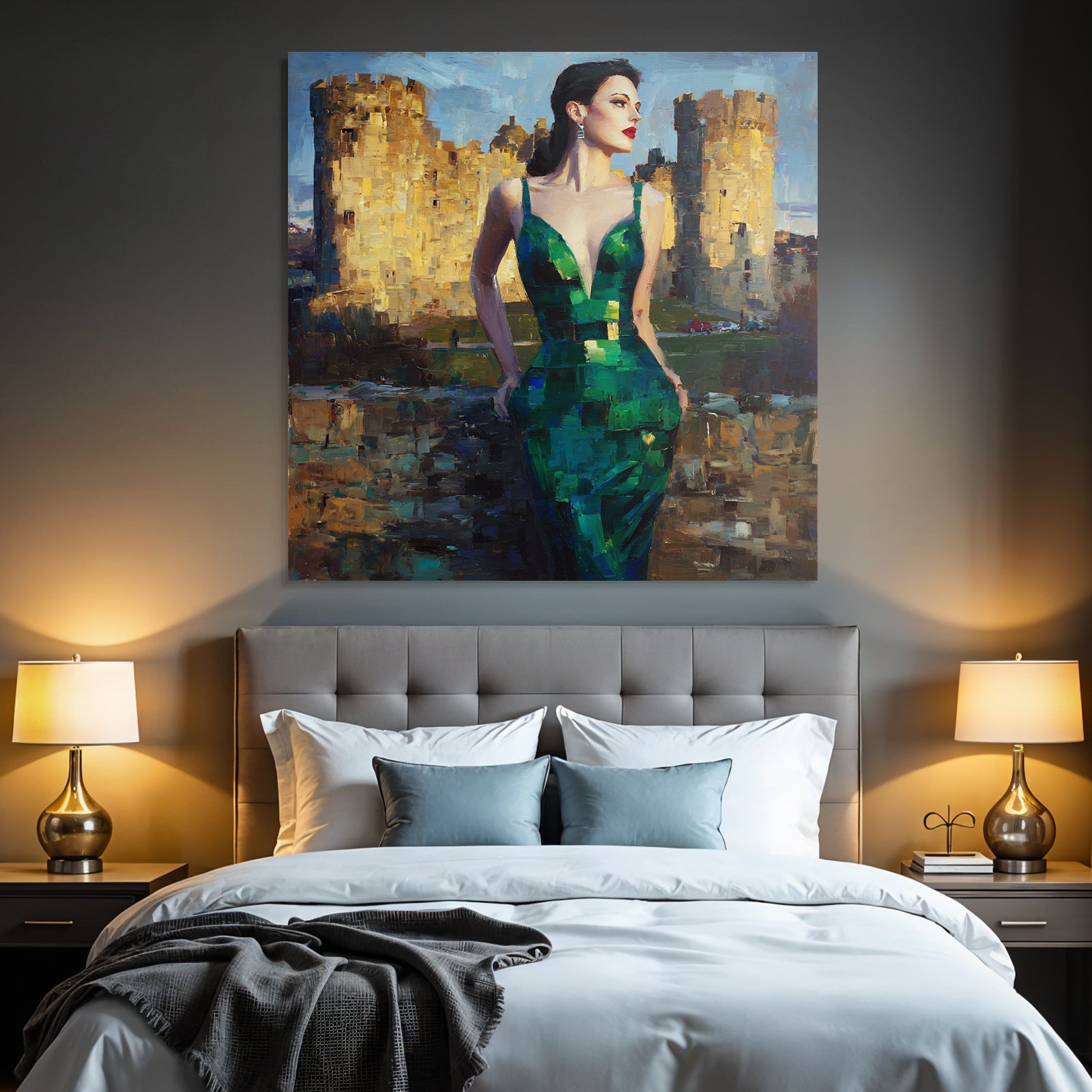 ArtDeco Elegante Frau Im Grünen Kleid Vor Schloss