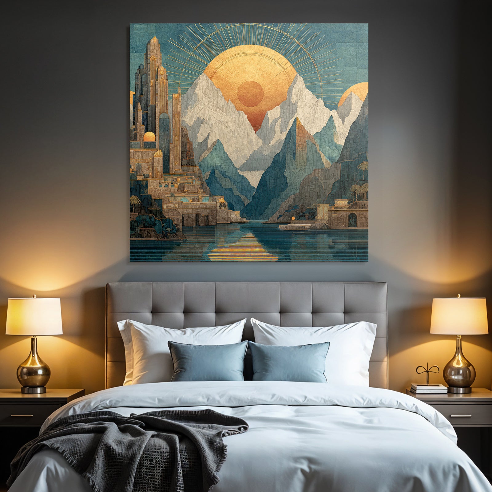 ArtDeco Fantastische Landschaft Mit Antiker Architektur Und Sonnenstrahlen