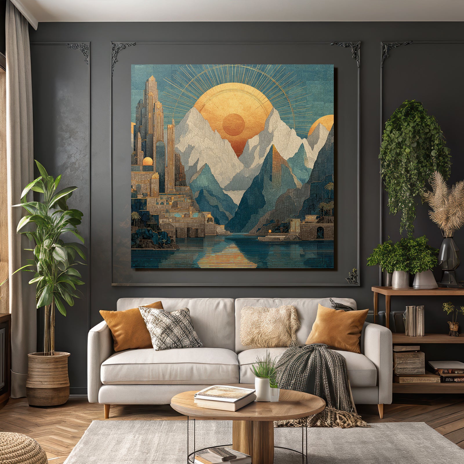 ArtDeco Fantastische Landschaft Mit Antiker Architektur Und Sonnenstrahlen