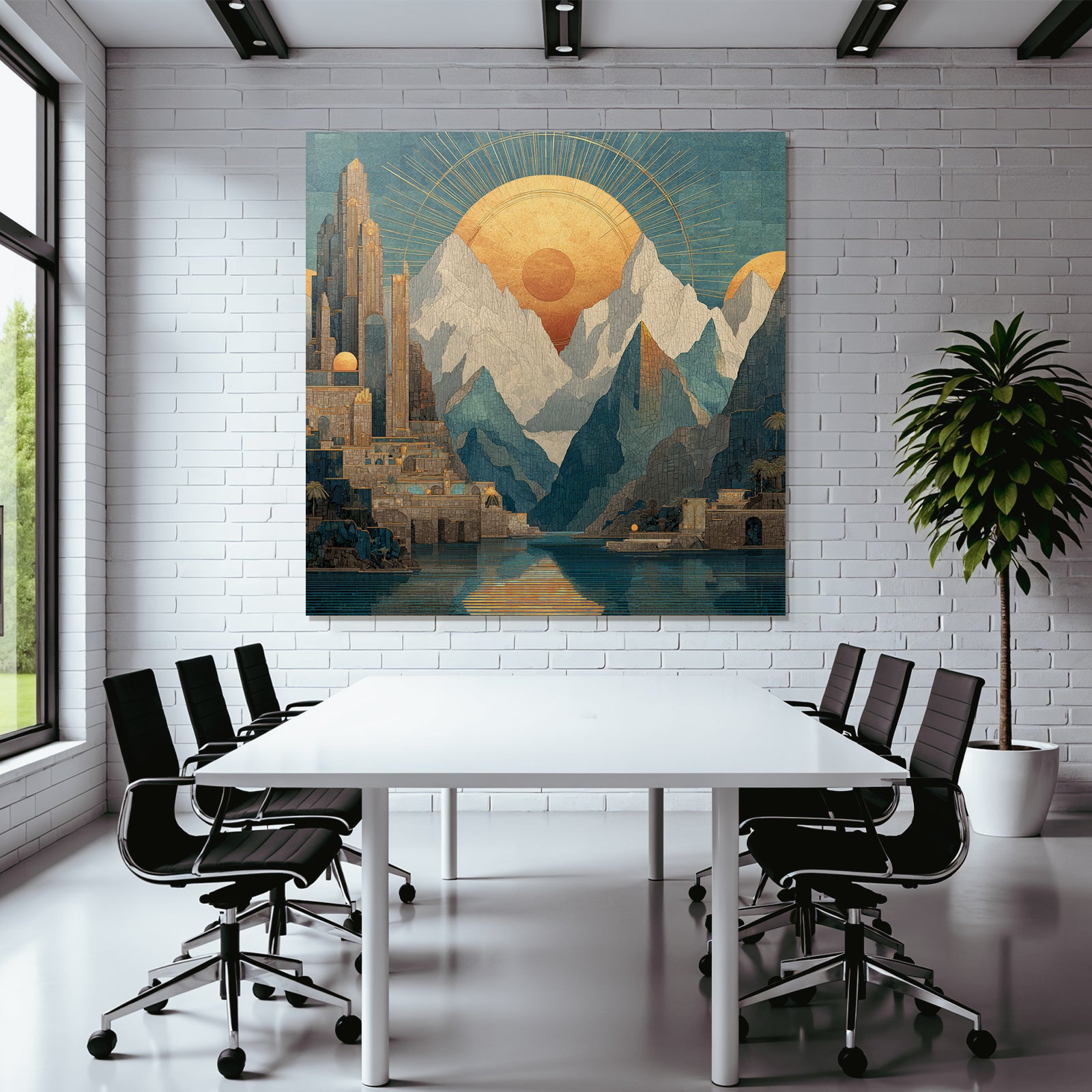 ArtDeco Fantastische Landschaft Mit Antiker Architektur Und Sonnenstrahlen