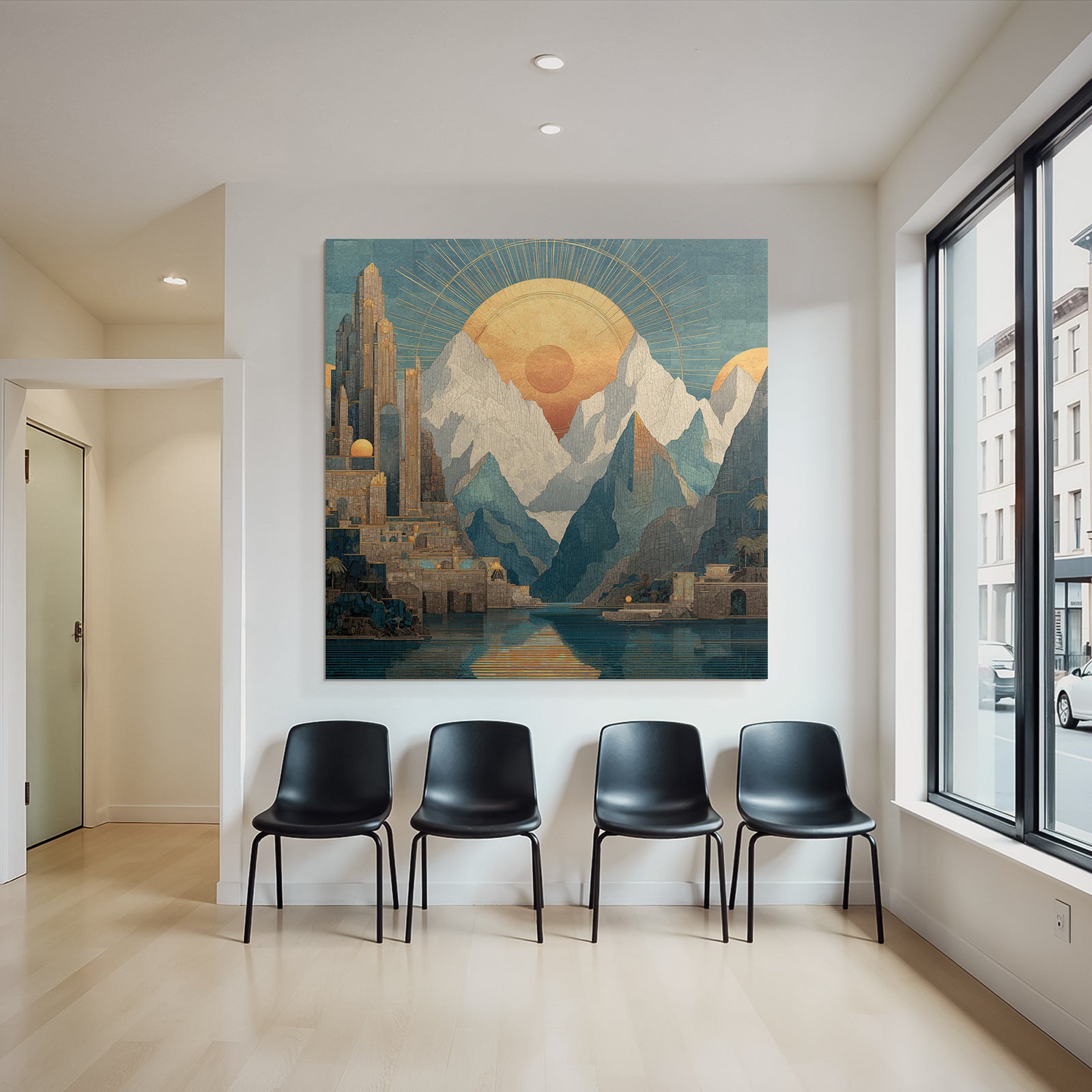 ArtDeco Fantastische Landschaft Mit Antiker Architektur Und Sonnenstrahlen