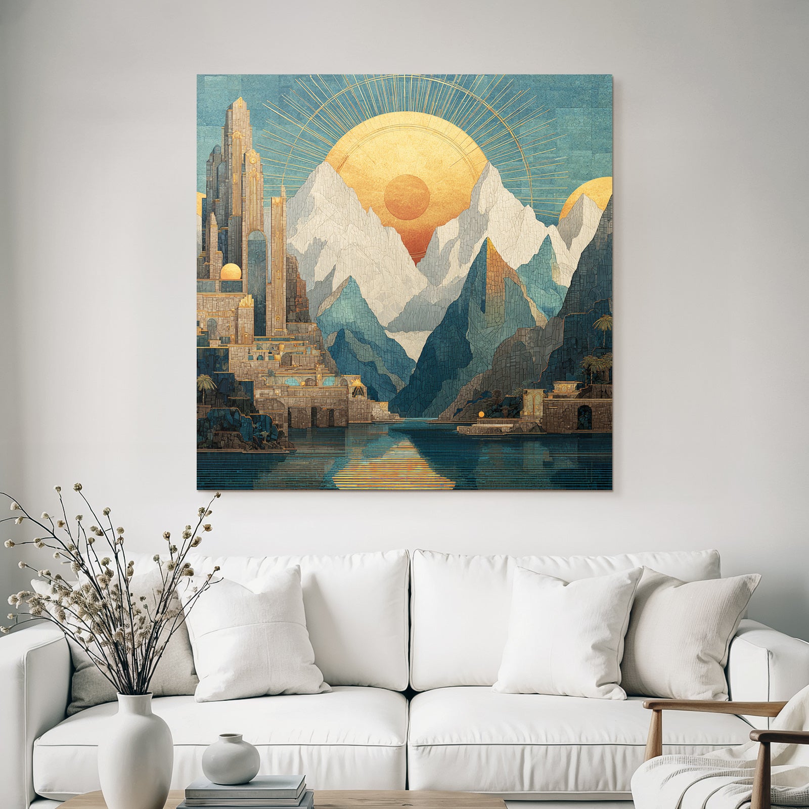 ArtDeco Fantastische Landschaft Mit Antiker Architektur Und Sonnenstrahlen