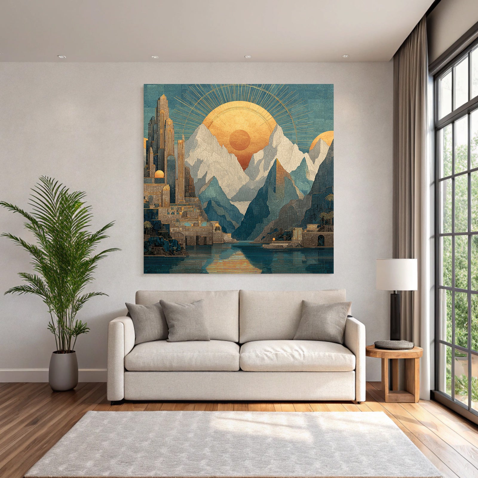 ArtDeco Fantastische Landschaft Mit Antiker Architektur Und Sonnenstrahlen
