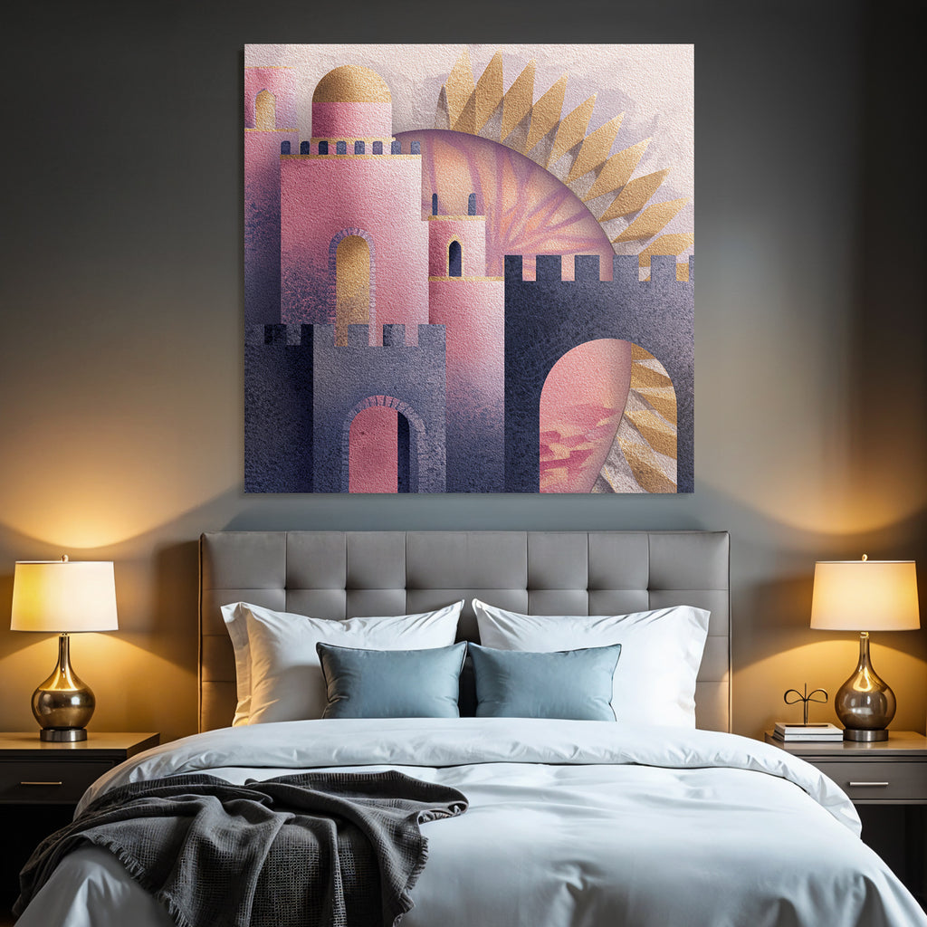 ArtDeco Fantastische Rosa Goldene Burg Im Sonnenlicht