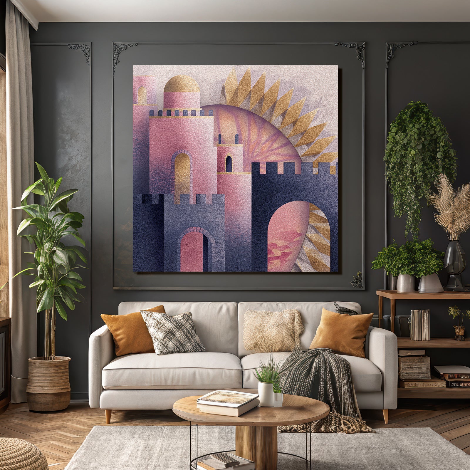 ArtDeco Fantastische Rosa Goldene Burg Im Sonnenlicht