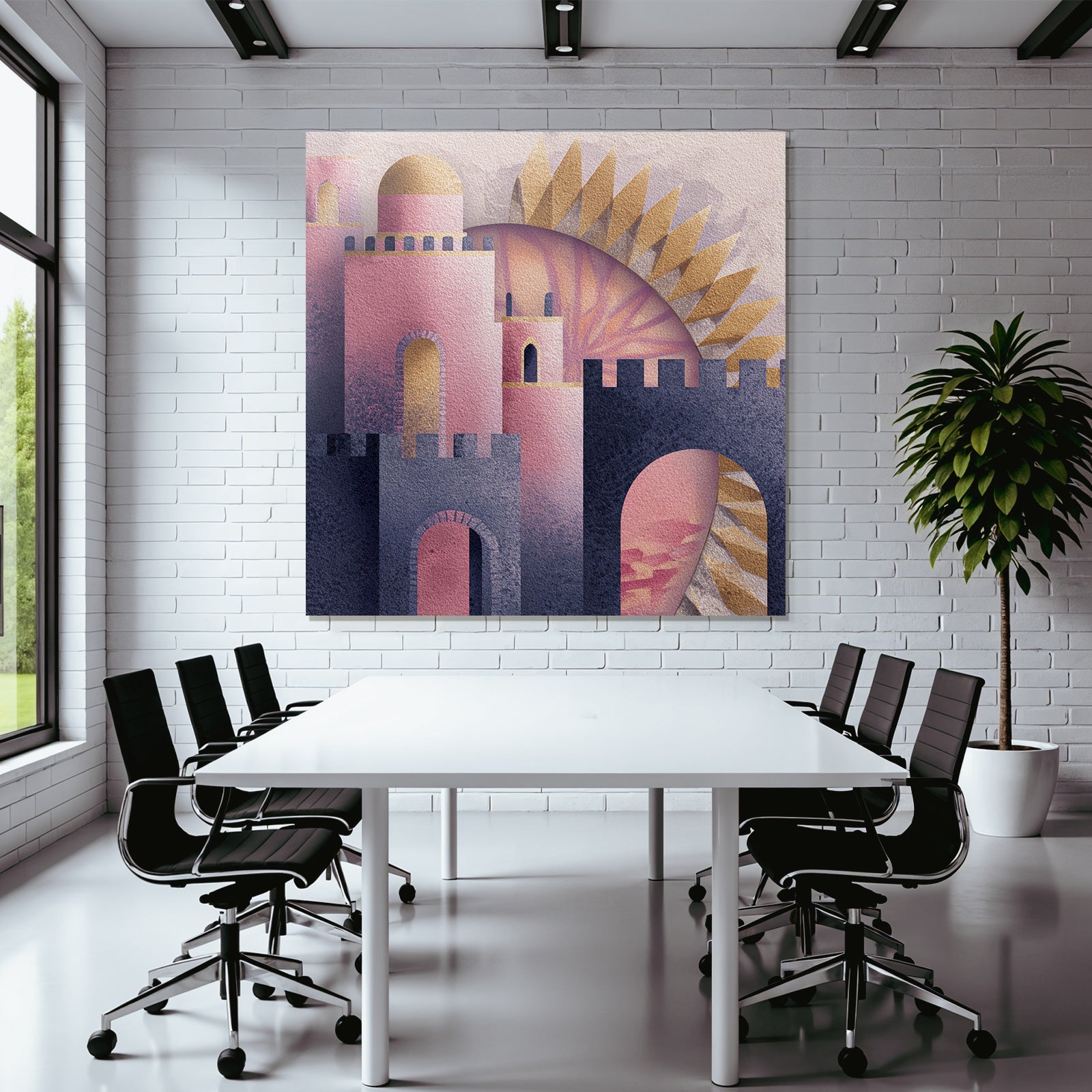 ArtDeco Fantastische Rosa Goldene Burg Im Sonnenlicht