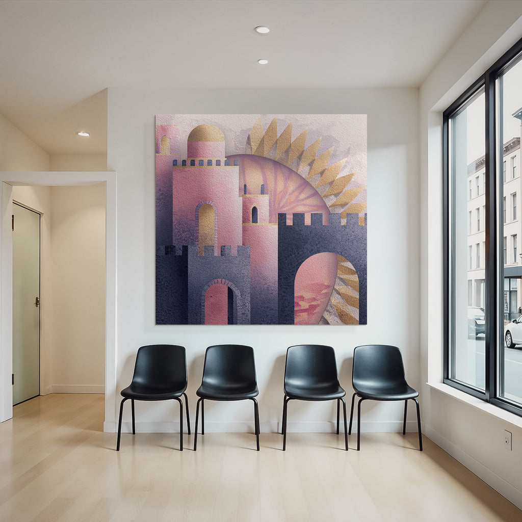 ArtDeco Fantastische Rosa Goldene Burg Im Sonnenlicht