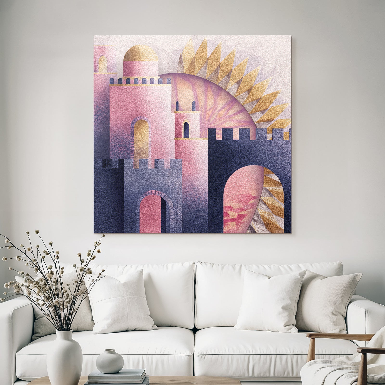 ArtDeco Fantastische Rosa Goldene Burg Im Sonnenlicht