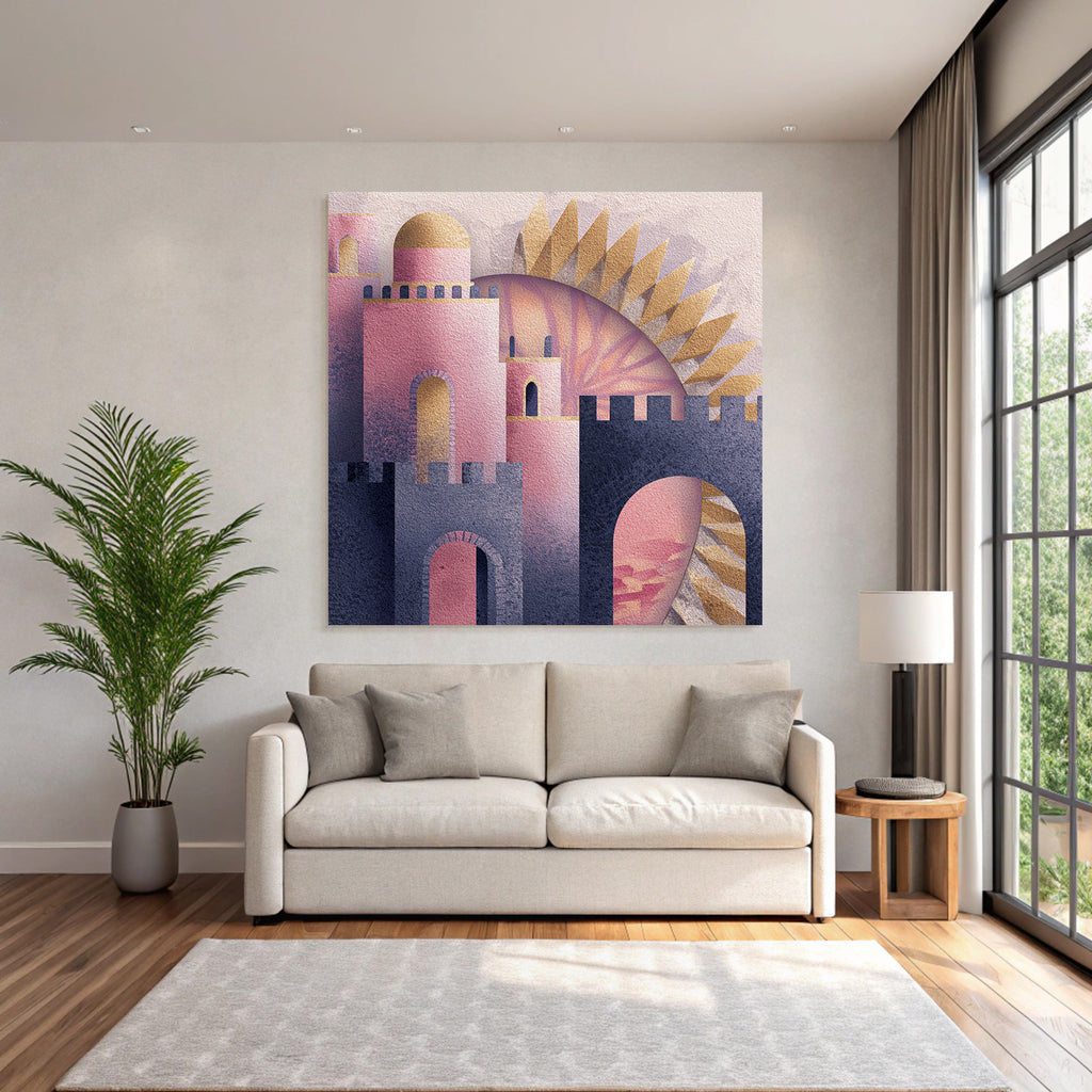 ArtDeco Fantastische Rosa Goldene Burg Im Sonnenlicht