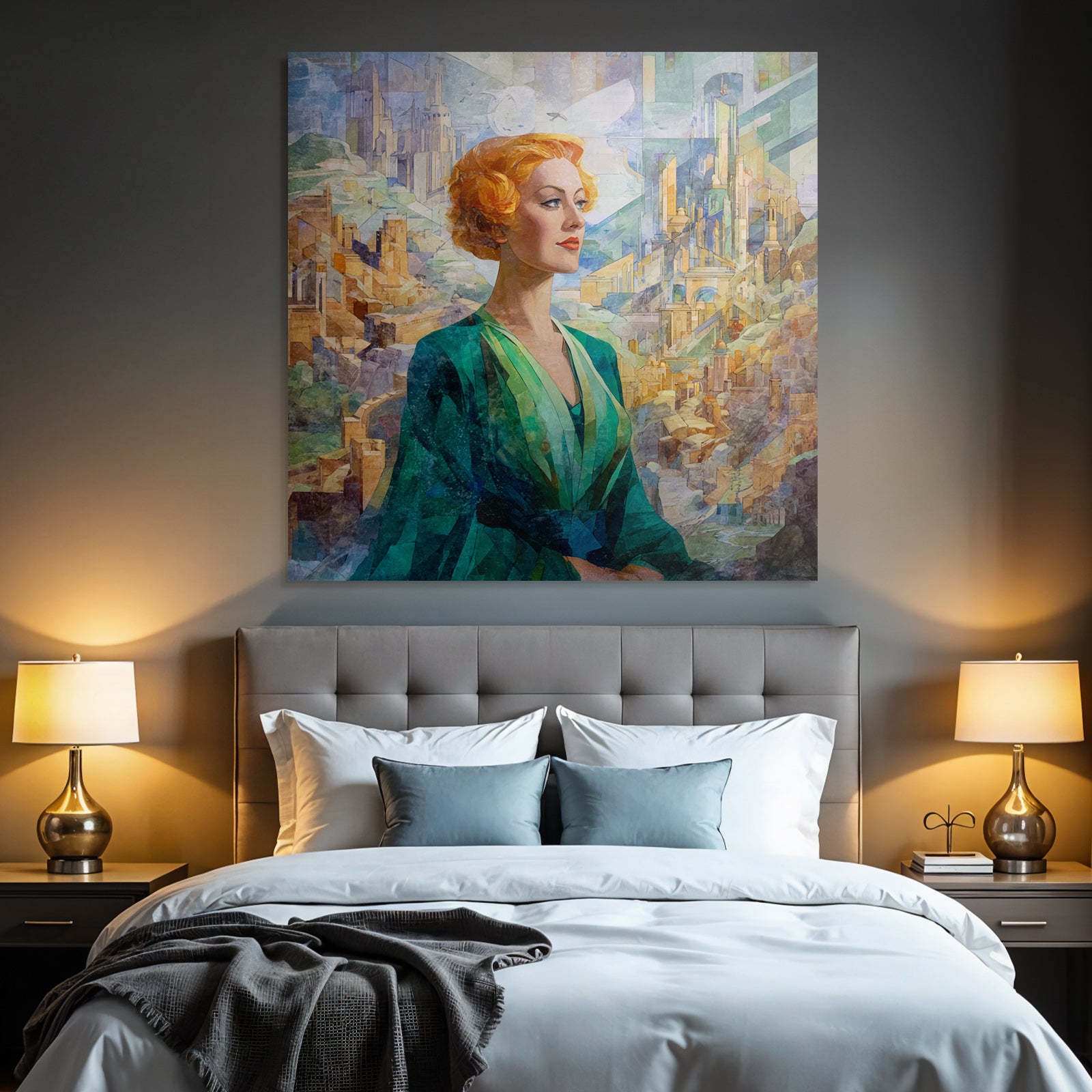 ArtDeco Frau Mit Buntem Haar Vor Abstrakter Architektur Und Landschaft