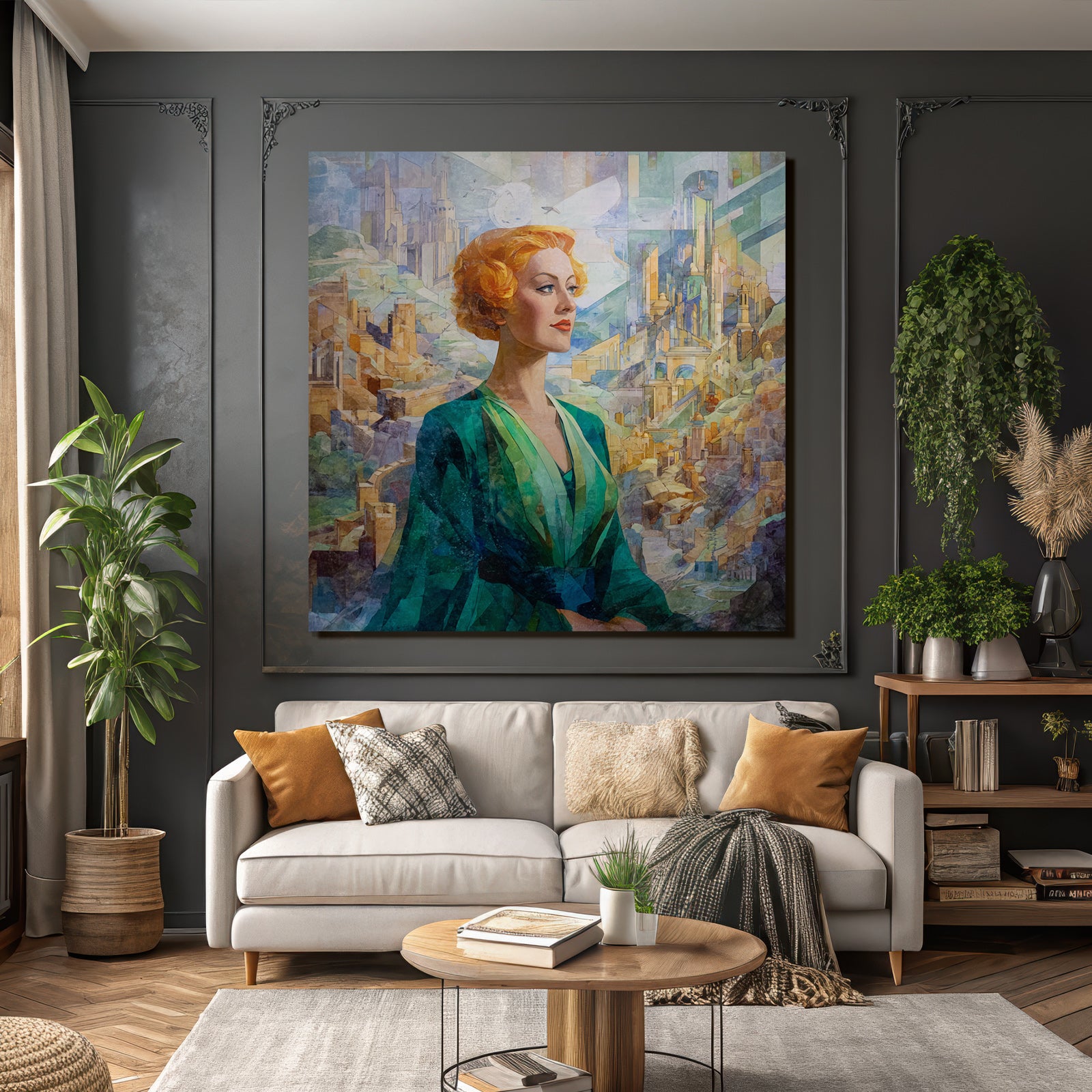 ArtDeco Frau Mit Buntem Haar Vor Abstrakter Architektur Und Landschaft