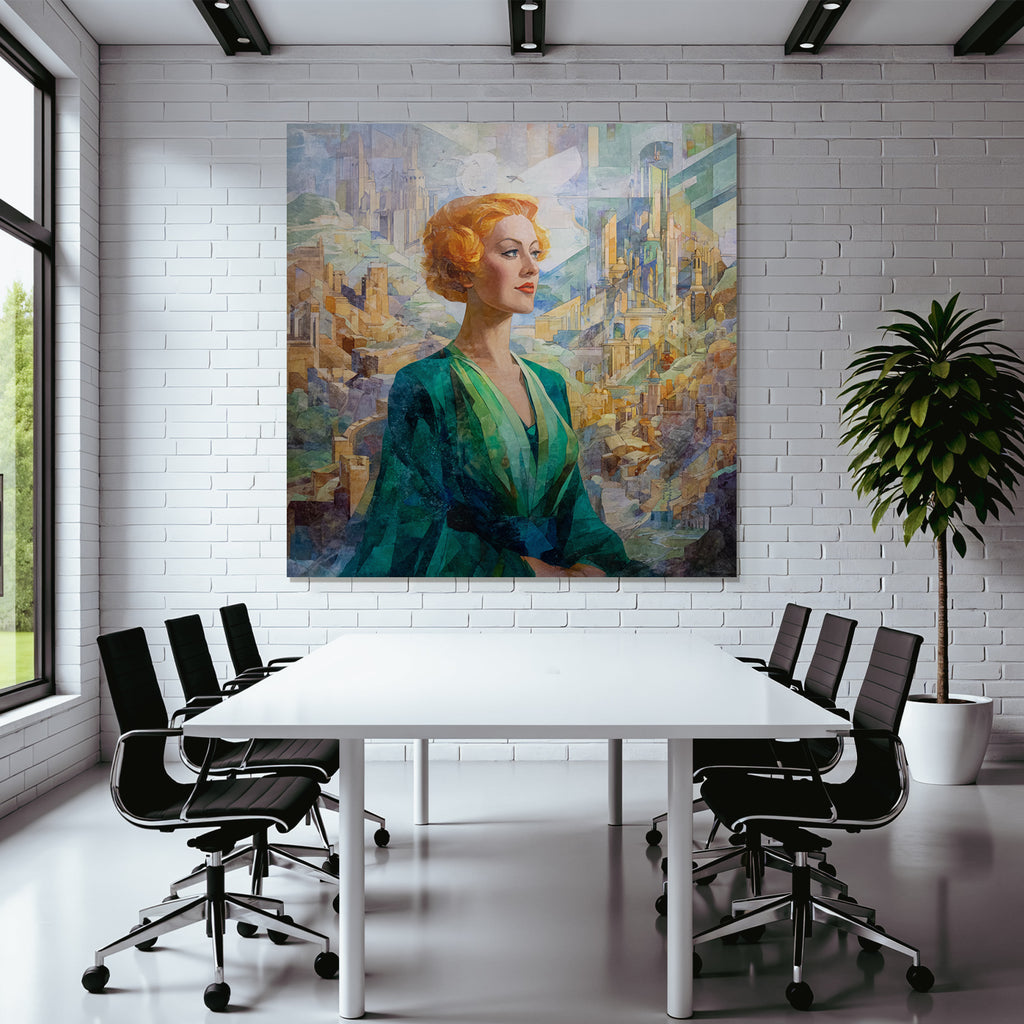 ArtDeco Frau Mit Buntem Haar Vor Abstrakter Architektur Und Landschaft