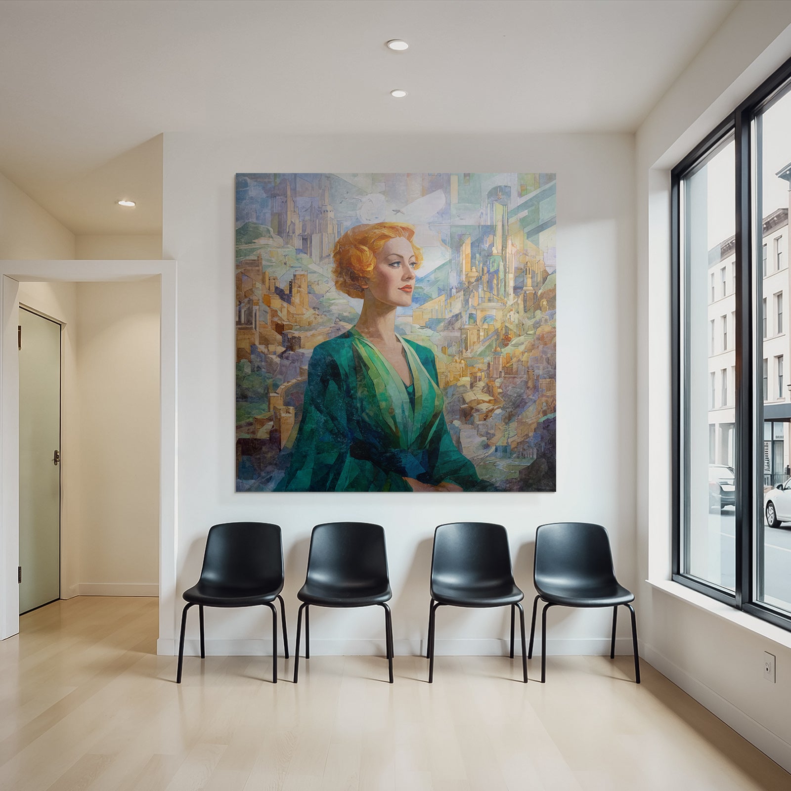 ArtDeco Frau Mit Buntem Haar Vor Abstrakter Architektur Und Landschaft
