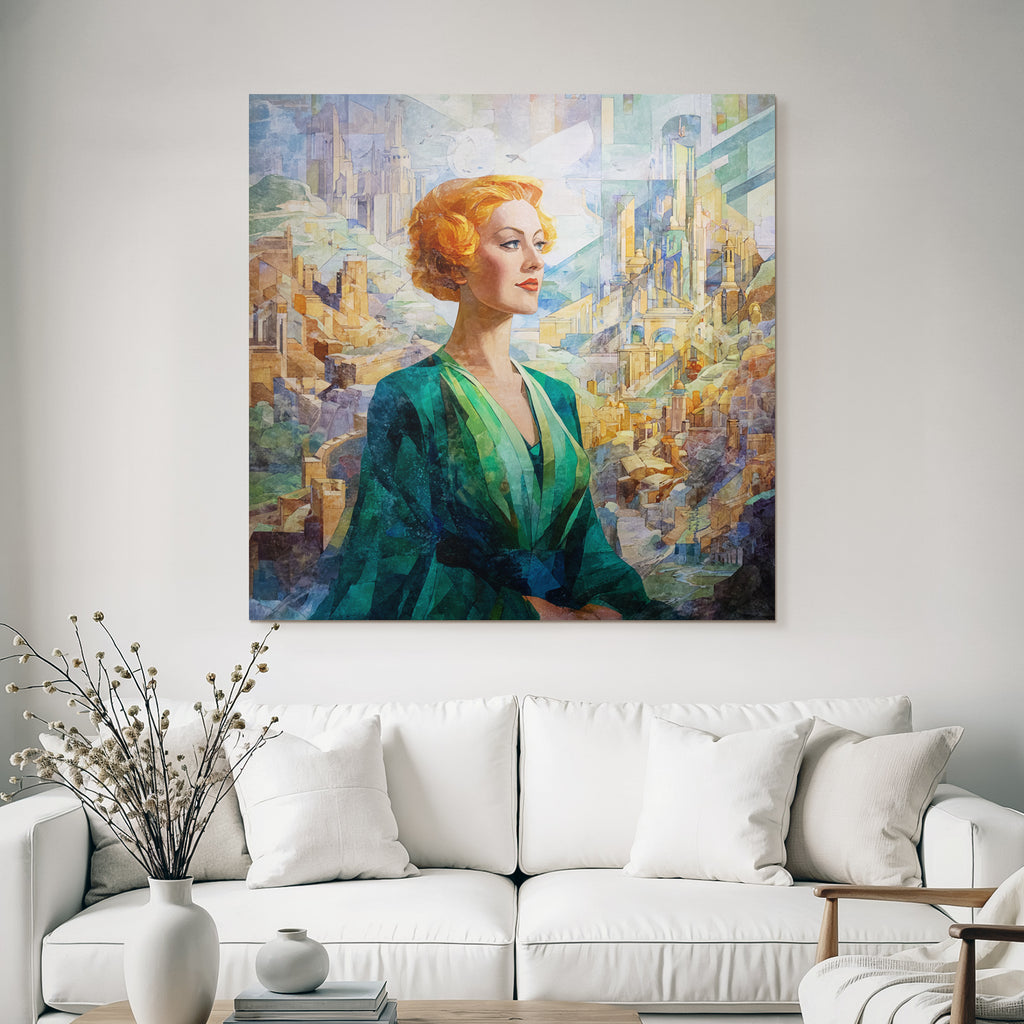 ArtDeco Frau Mit Buntem Haar Vor Abstrakter Architektur Und Landschaft