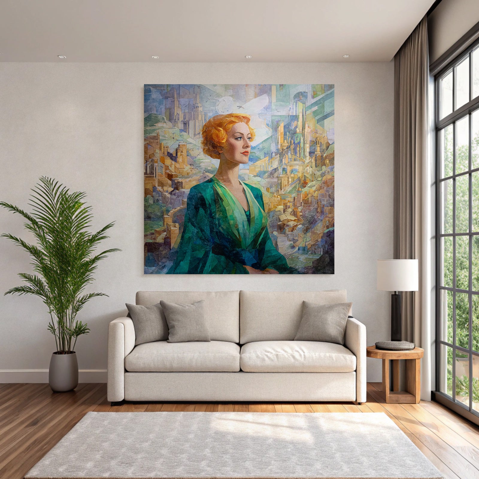 ArtDeco Frau Mit Buntem Haar Vor Abstrakter Architektur Und Landschaft