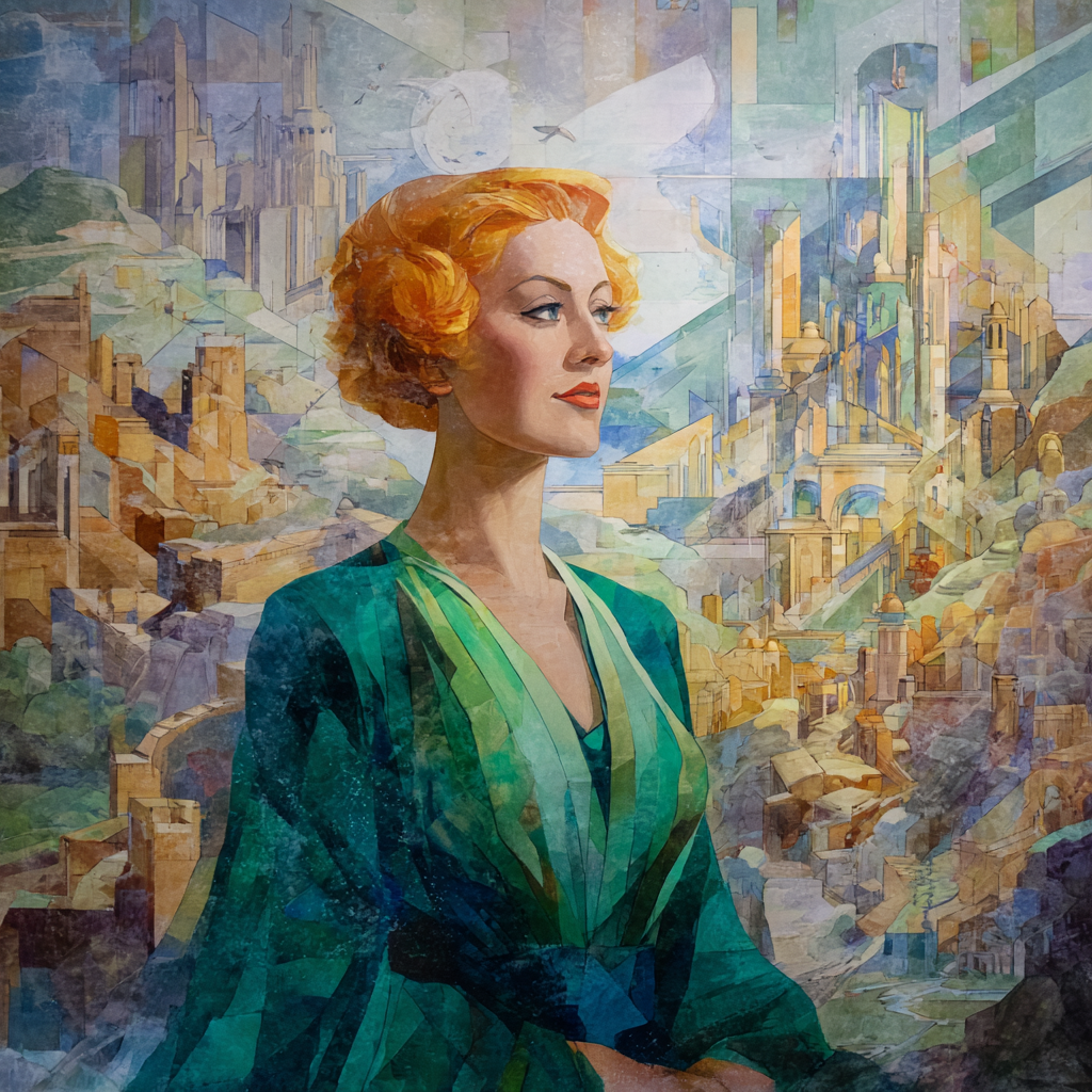 ArtDeco Frau Mit Buntem Haar Vor Abstrakter Architektur Und Landschaft | Art Deco | Stilrichtungen