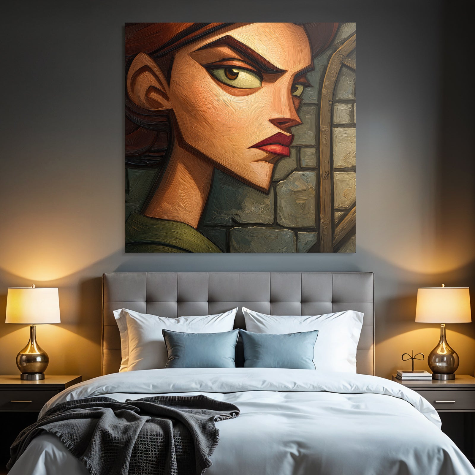 ArtDeco Frau Mit Ernstem Blick Vor Steinwandtextur