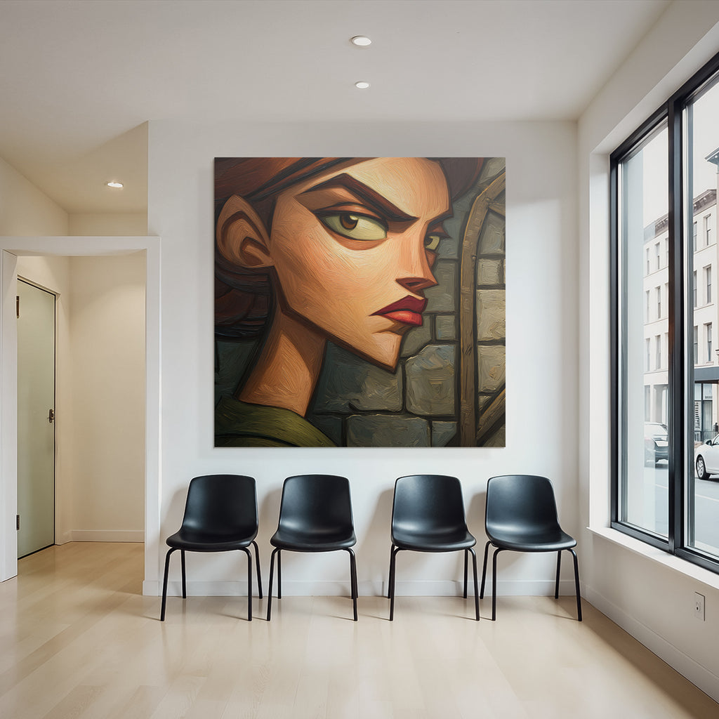 ArtDeco Frau Mit Ernstem Blick Vor Steinwandtextur