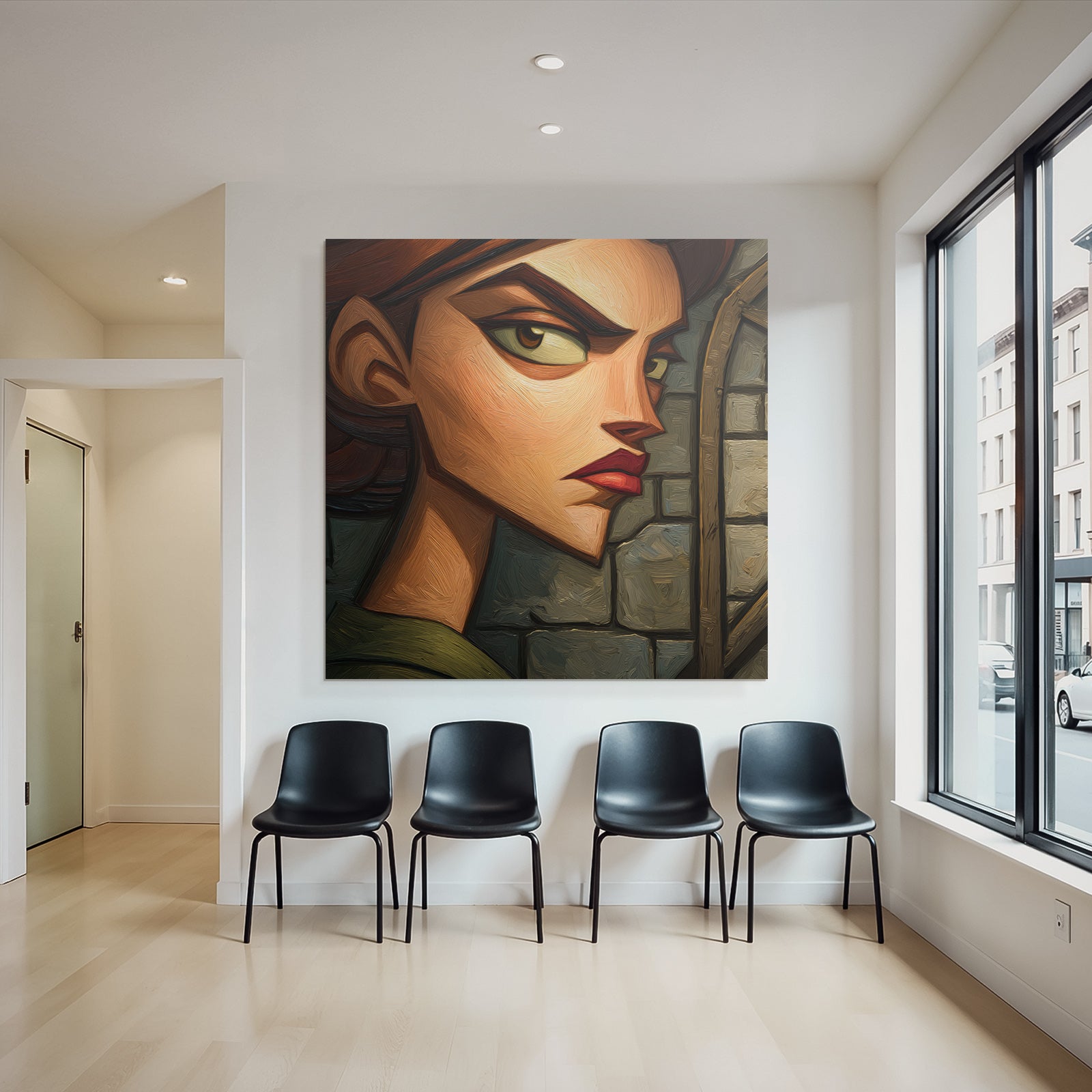 ArtDeco Frau Mit Ernstem Blick Vor Steinwandtextur