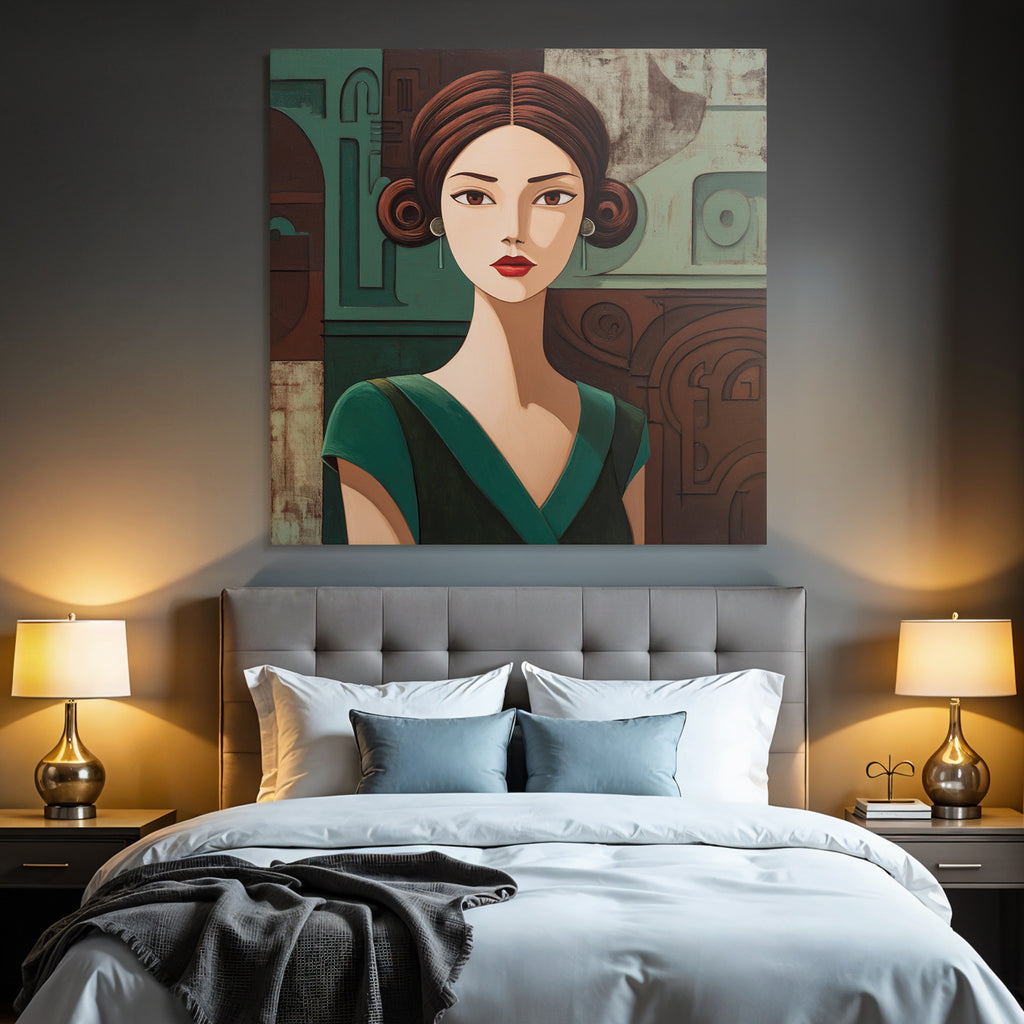 ArtDeco Frau Mit Expressiven Augen Und Grünem Kleid Im Geometrischen Stil