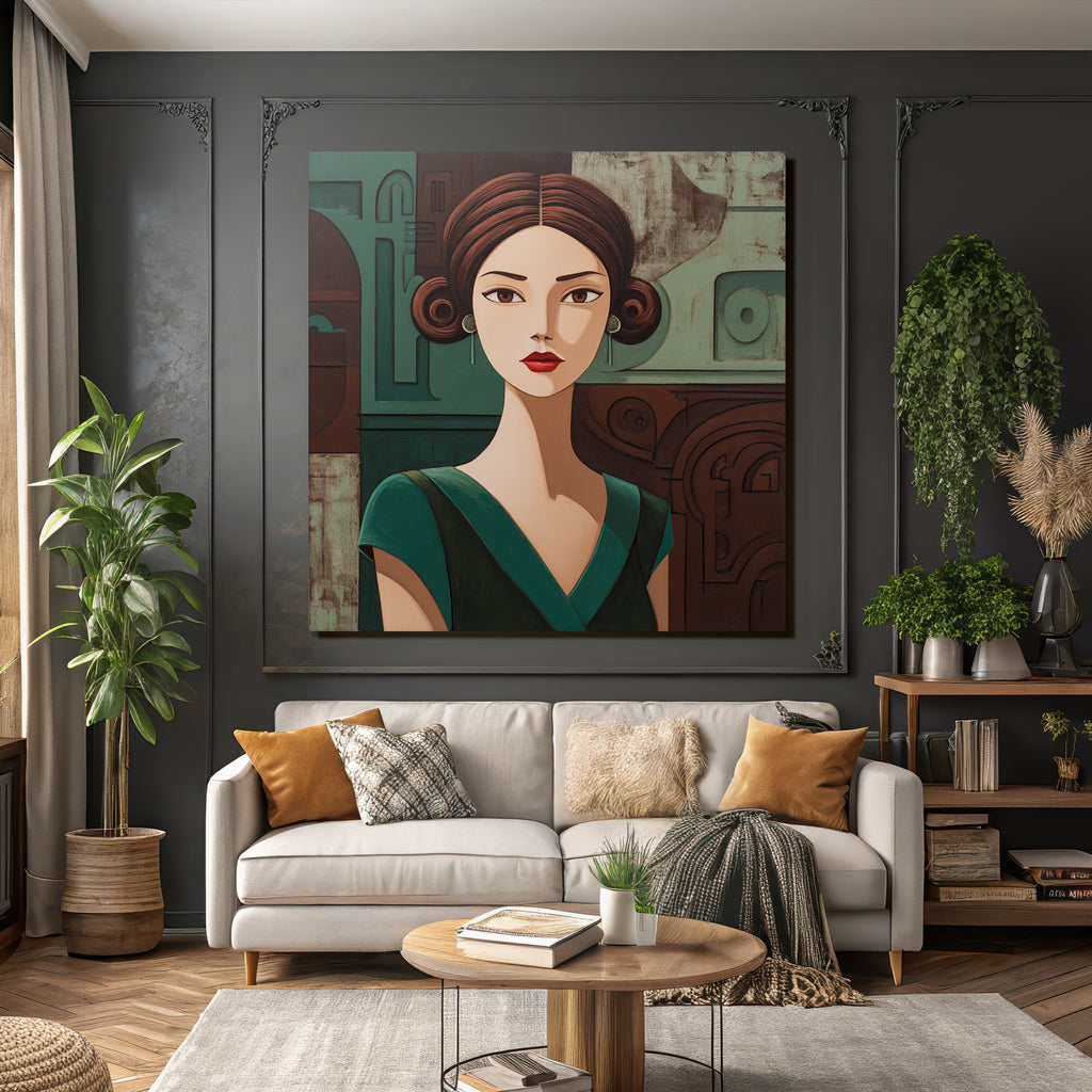 ArtDeco Frau Mit Expressiven Augen Und Grünem Kleid Im Geometrischen Stil