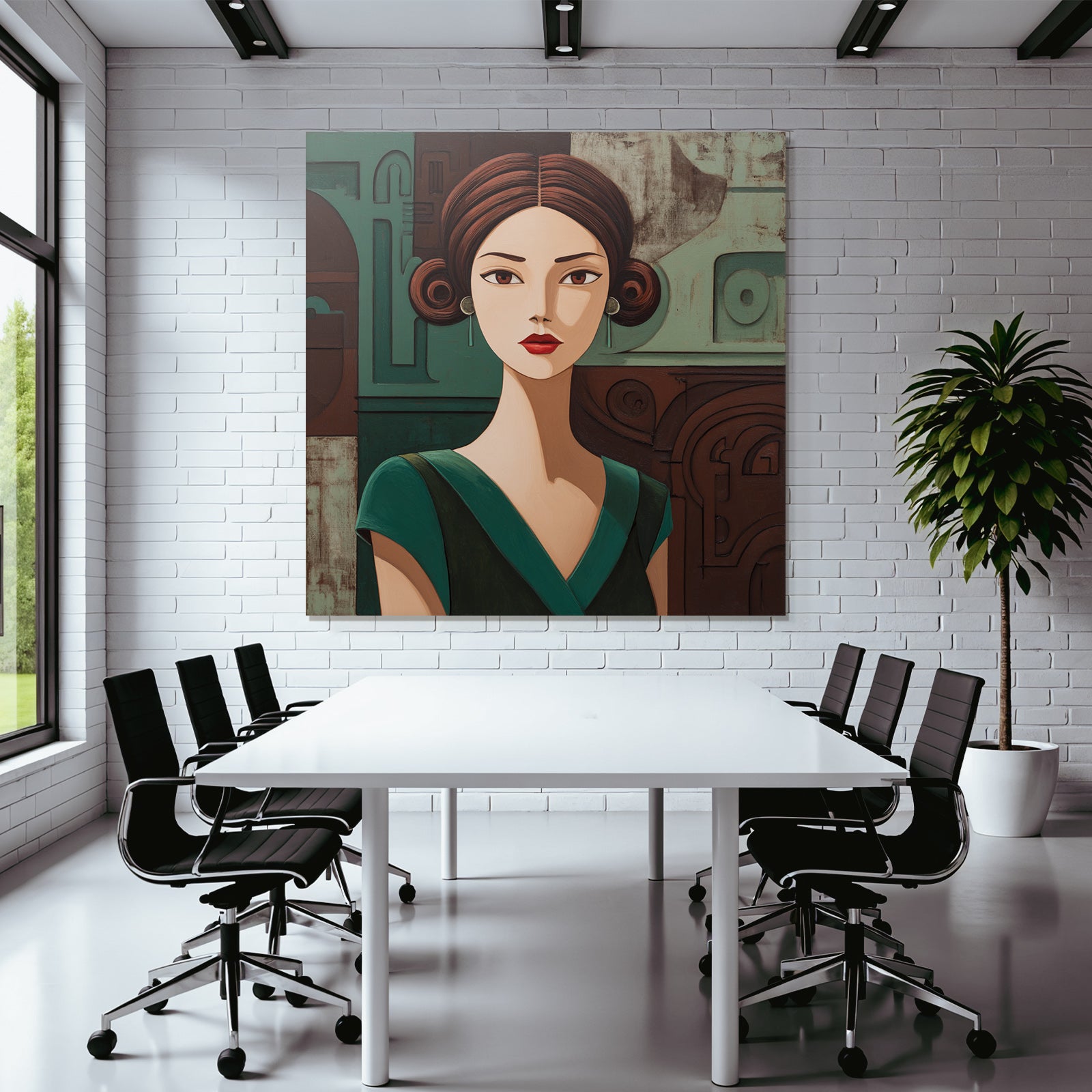 ArtDeco Frau Mit Expressiven Augen Und Grünem Kleid Im Geometrischen Stil