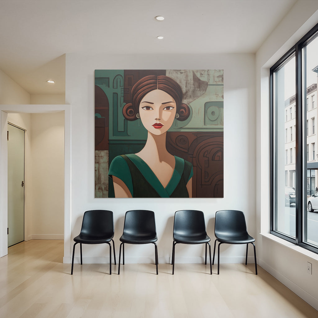ArtDeco Frau Mit Expressiven Augen Und Grünem Kleid Im Geometrischen Stil