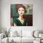 ArtDeco Frau Mit Expressiven Augen Und Grünem Kleid Im Geometrischen Stil