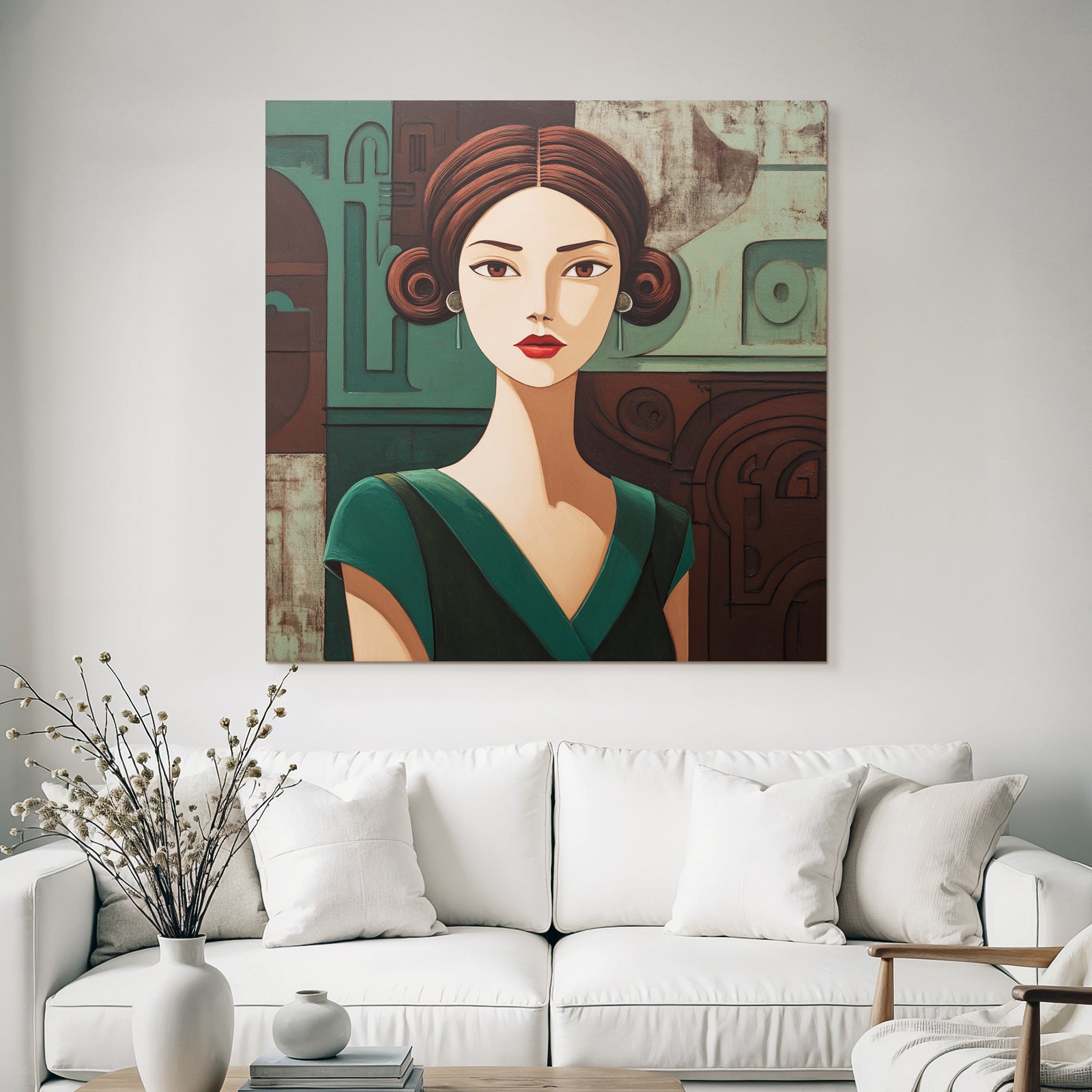 ArtDeco Frau Mit Expressiven Augen Und Grünem Kleid Im Geometrischen Stil