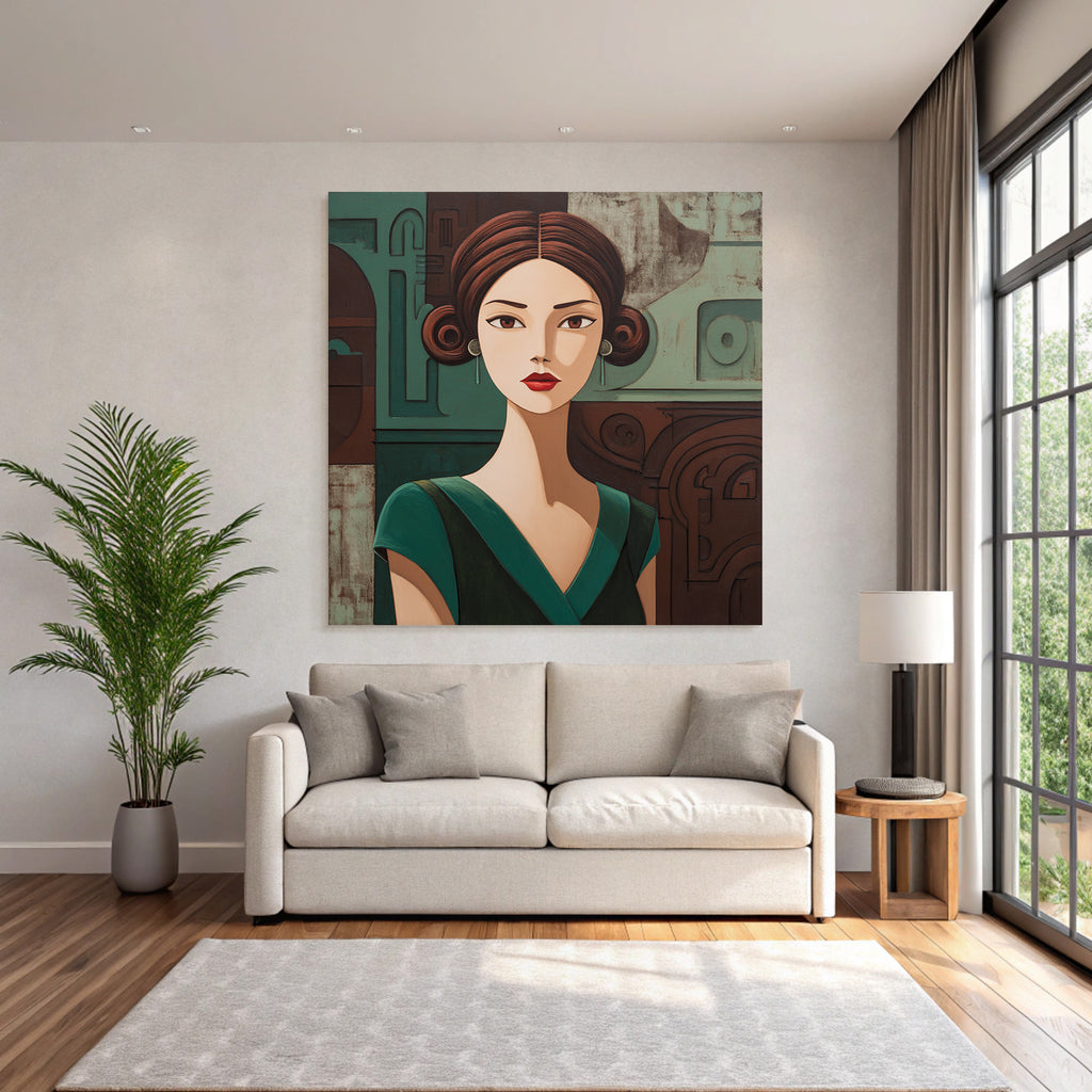 ArtDeco Frau Mit Expressiven Augen Und Grünem Kleid Im Geometrischen Stil