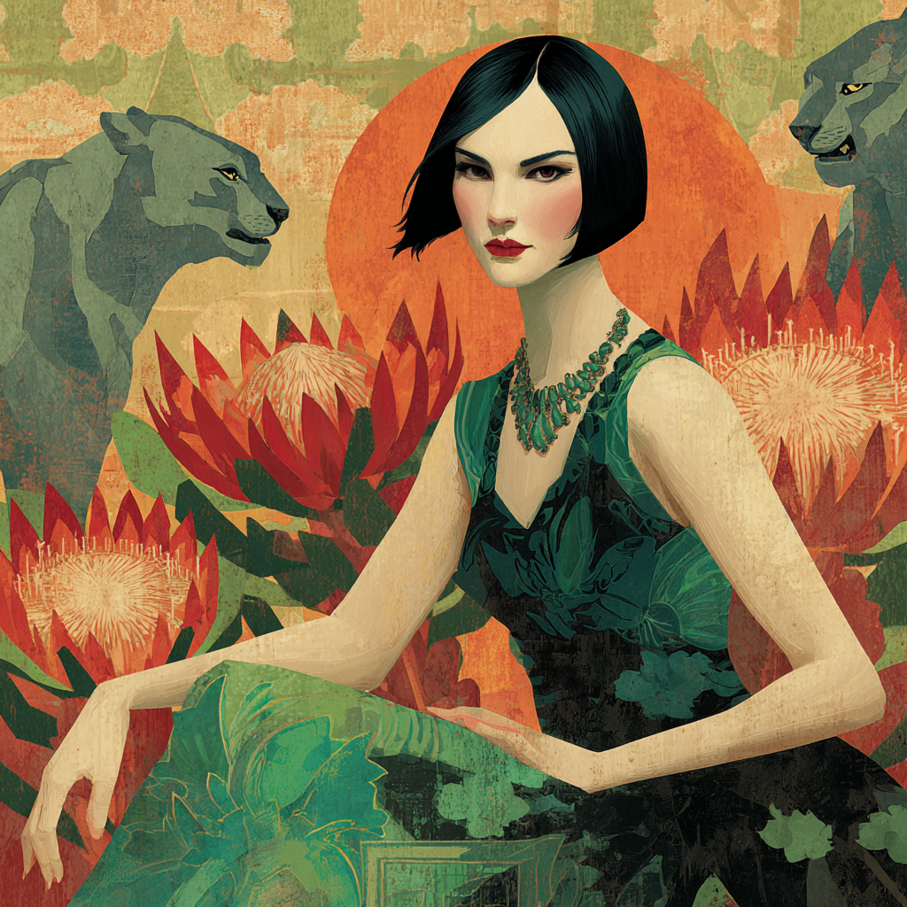 ArtDeco Frau Mit Grünem Kleid Und Panthern Umgeben Von Blühenden Blumen | Art Deco | Stilrichtungen