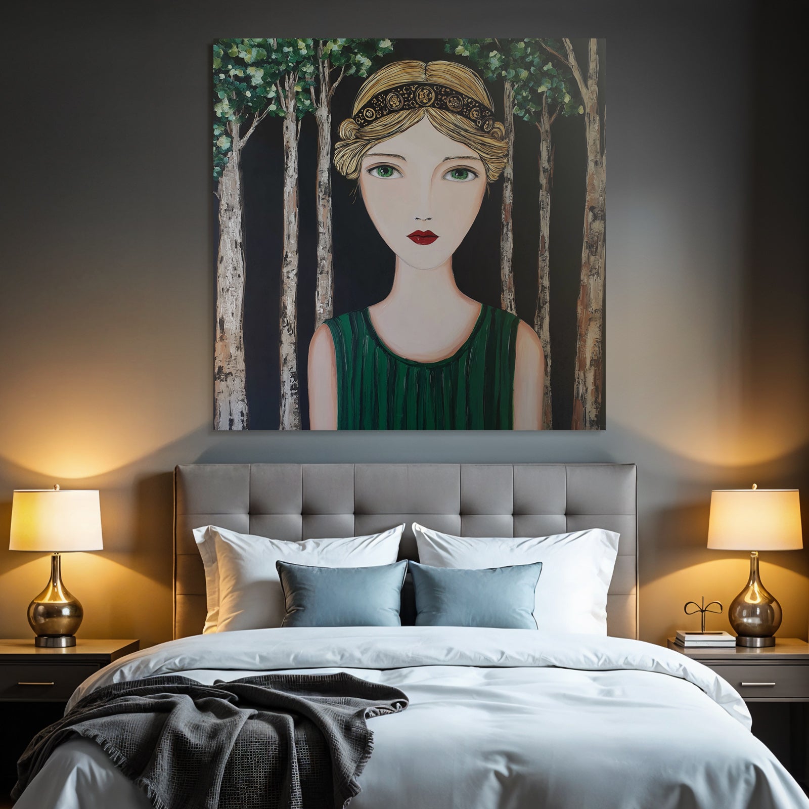 ArtDeco Frau Mit Grünem Kleid Vor Dunklem Waldhintergrund